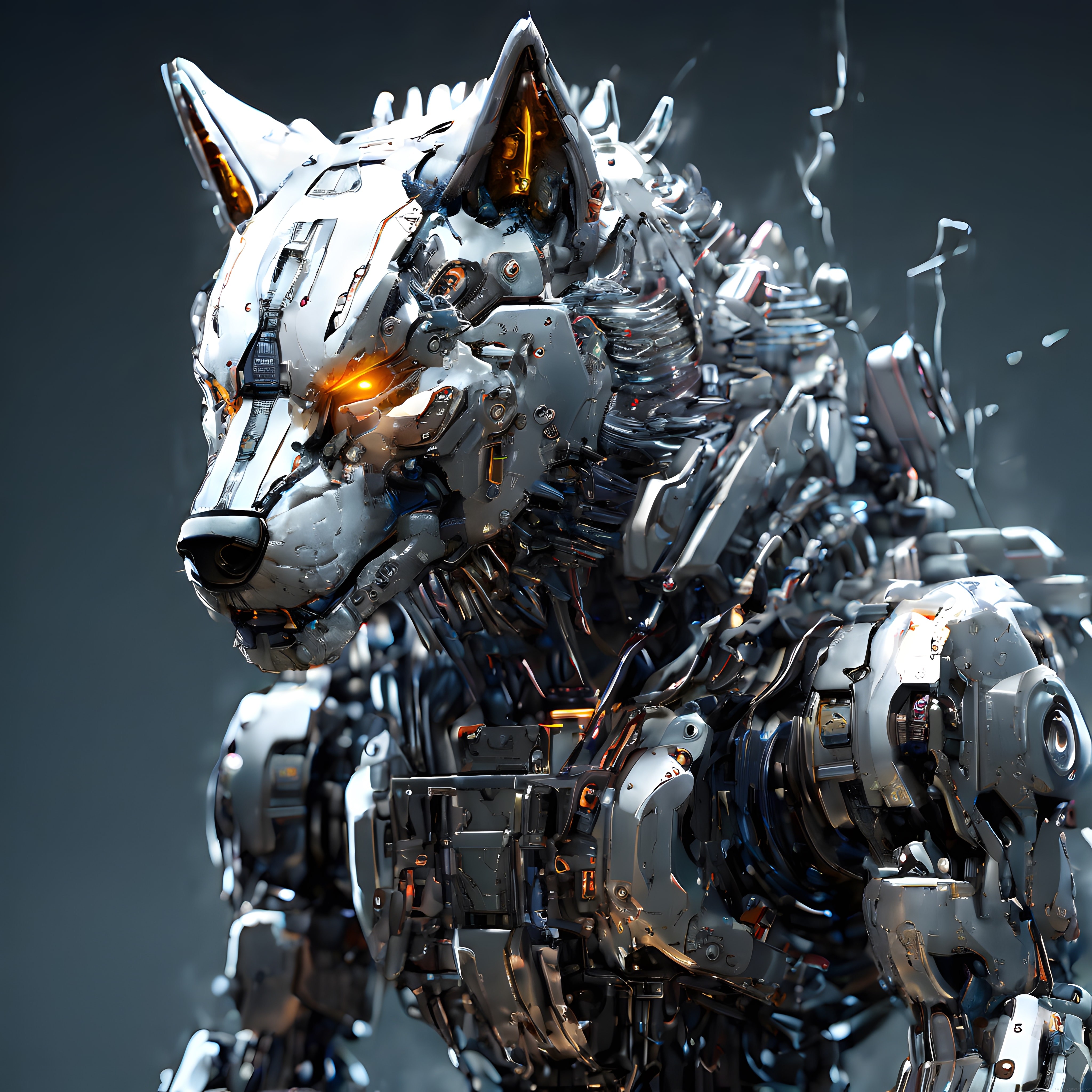 Cyberpunk Tarzında Işıldayan Gözleriyle Devasa Mekanik Kurt Robotu