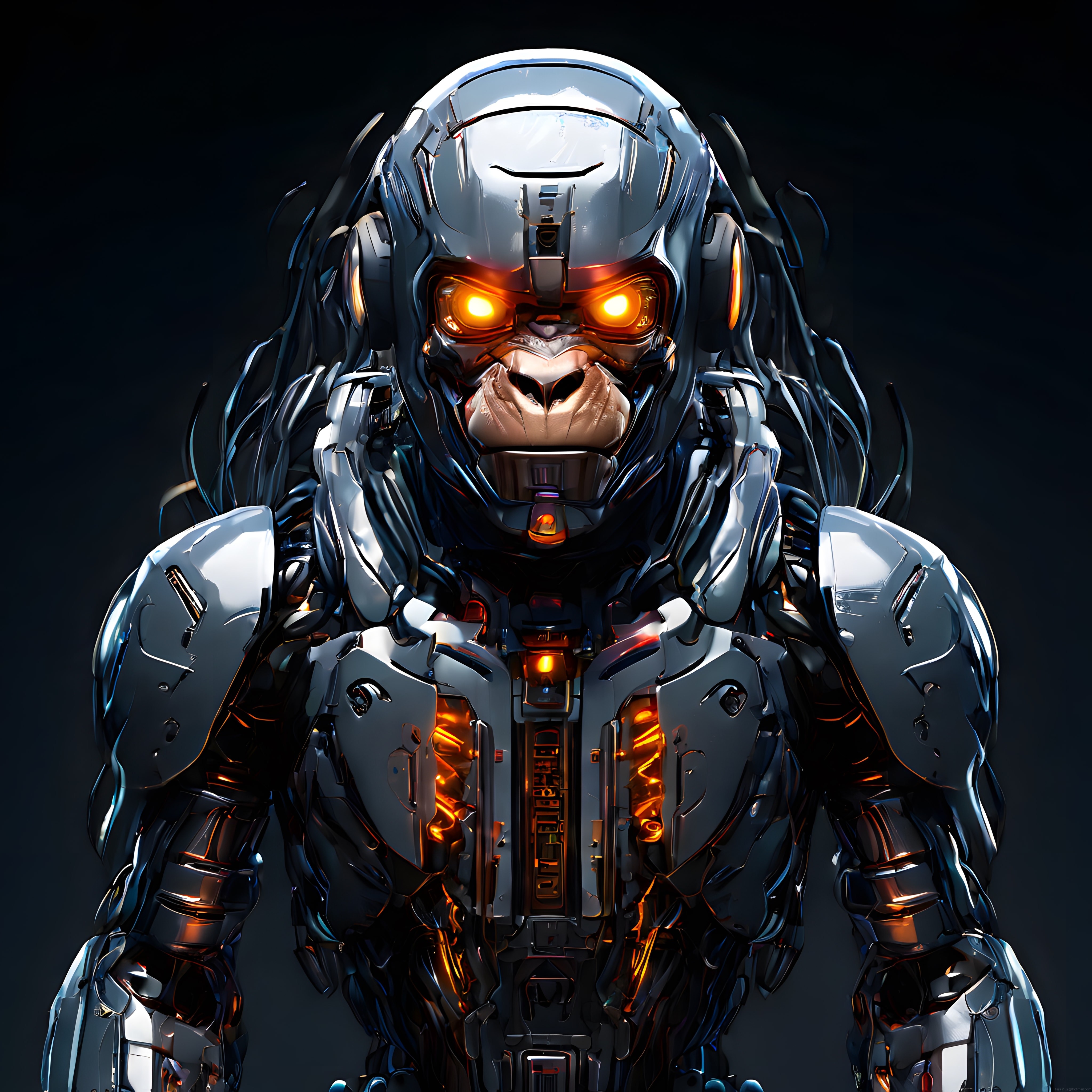 Cyberpunk Tarzında Metalik Zırhlı ve Alev Gözlü Mekanik Goril Portresi
