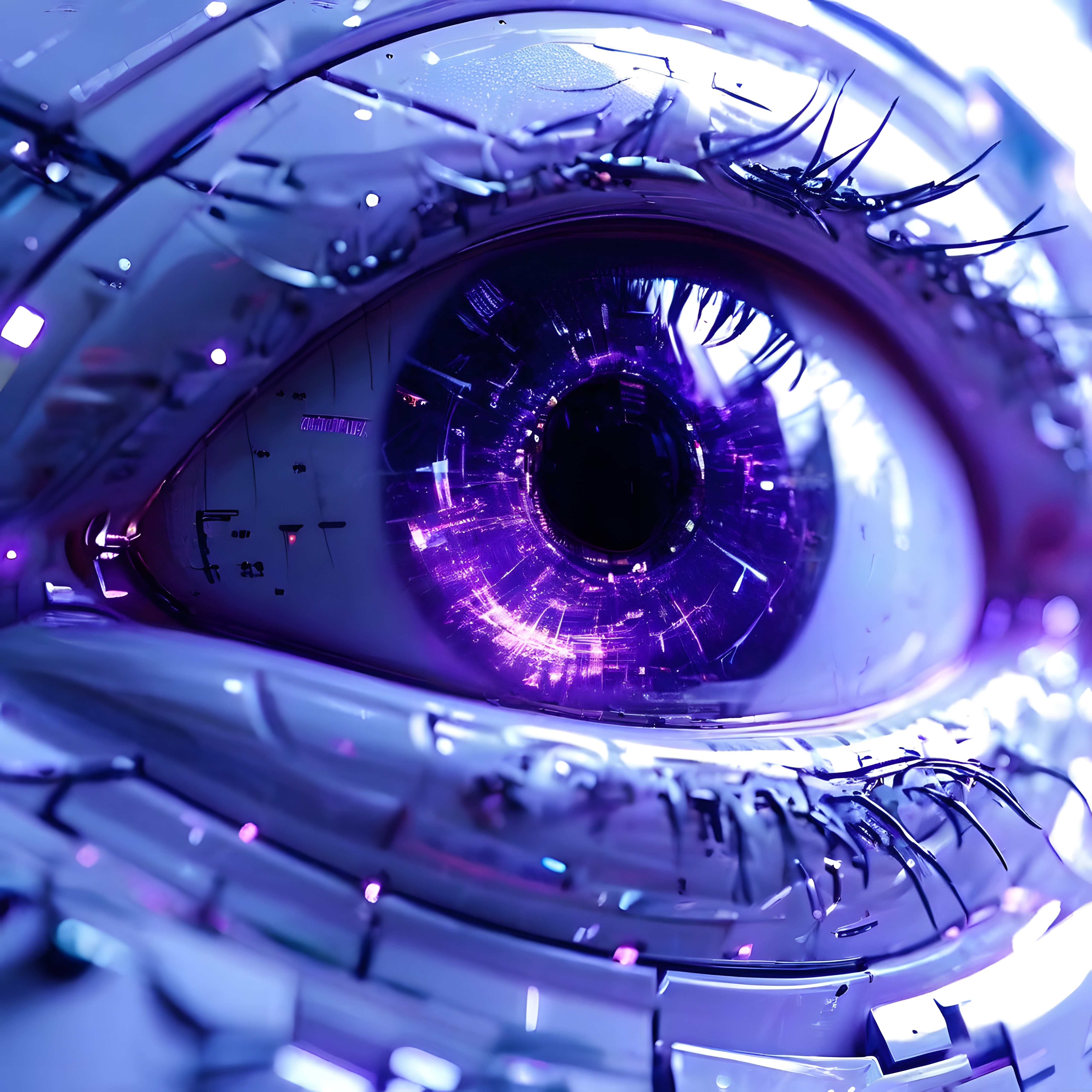 Cyberpunk Tarzında Mor Işıklı Mekanik Robot Gözü ve Dijital Yansımalar