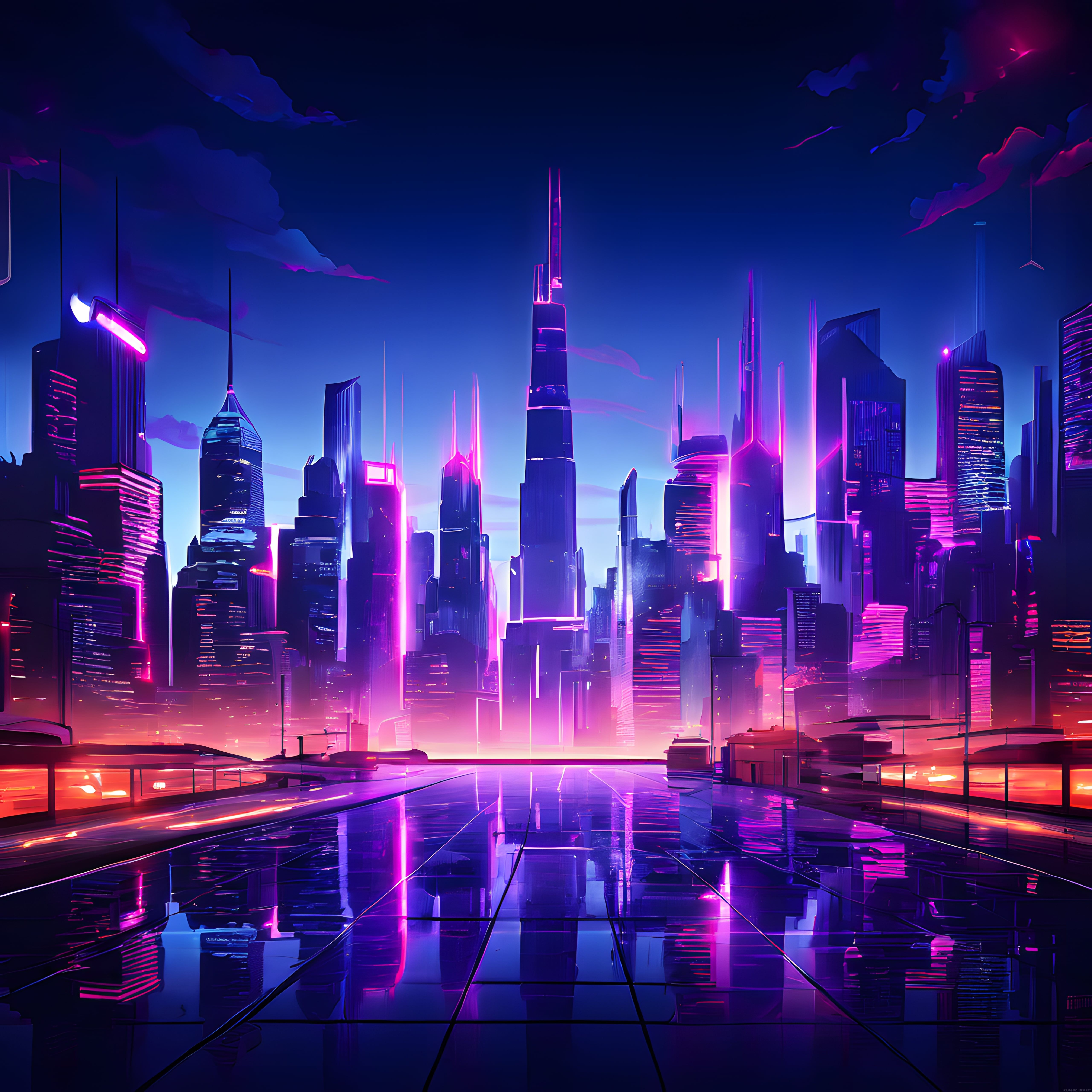 Cyberpunk Tarzında Neon Işıklı Futuristik Şehir Manzarası ve Gökdelenler