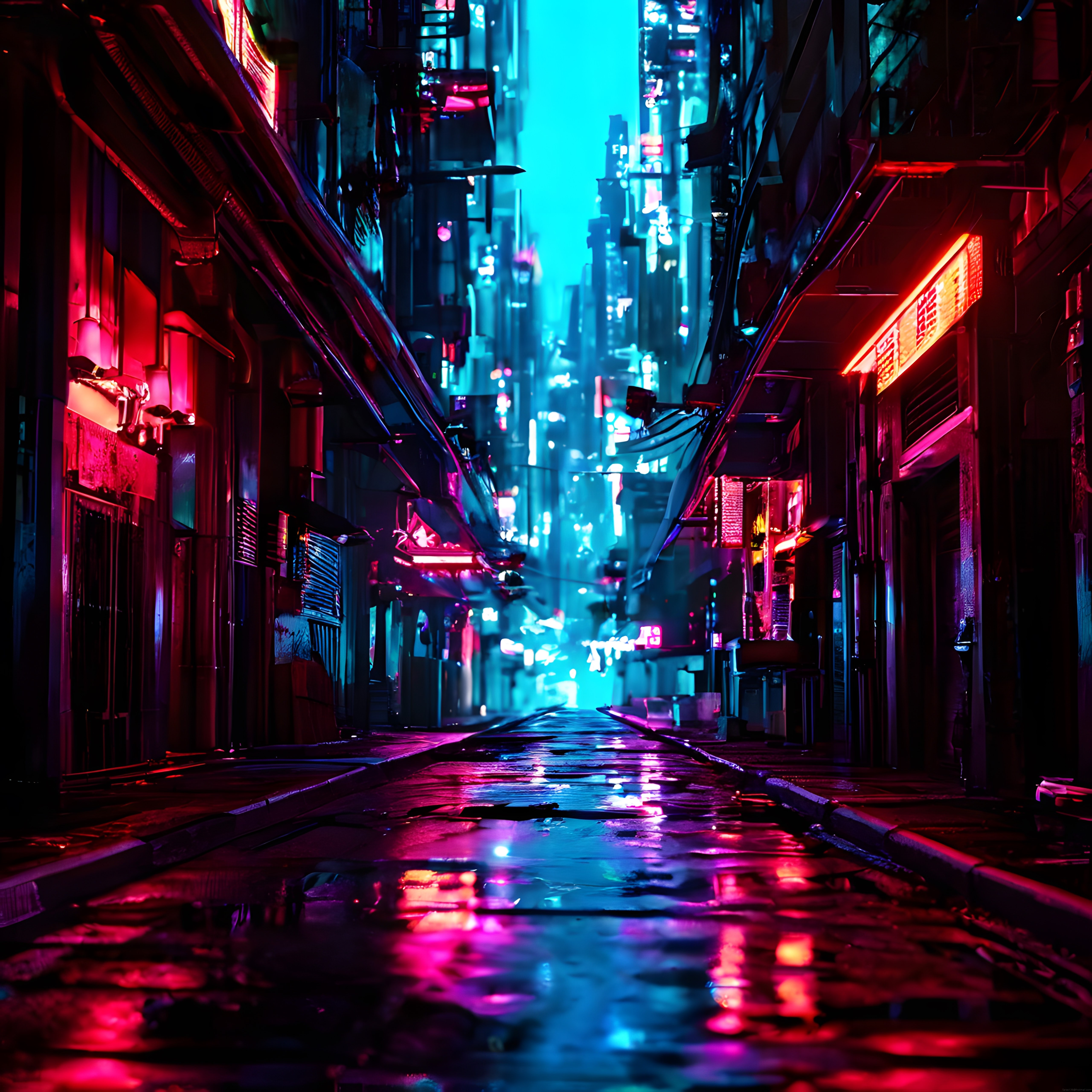 Cyberpunk tarzında neon ışıklı ıslak gece sokağı ve gökdelen manzarası