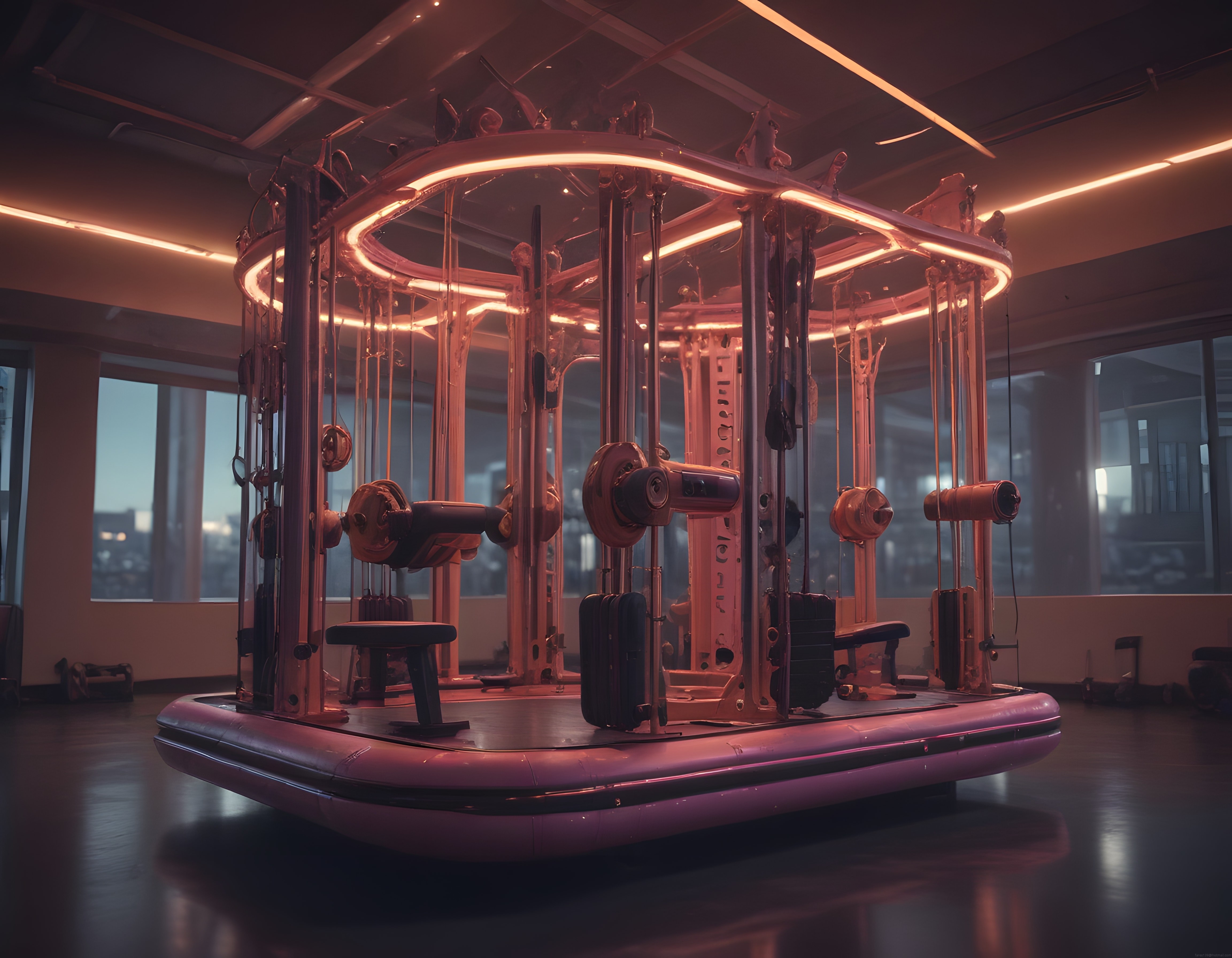 Cyberpunk Tarzında Neon Işıklı Modern Fitness Salonu ve Fonksiyonel İstasyon