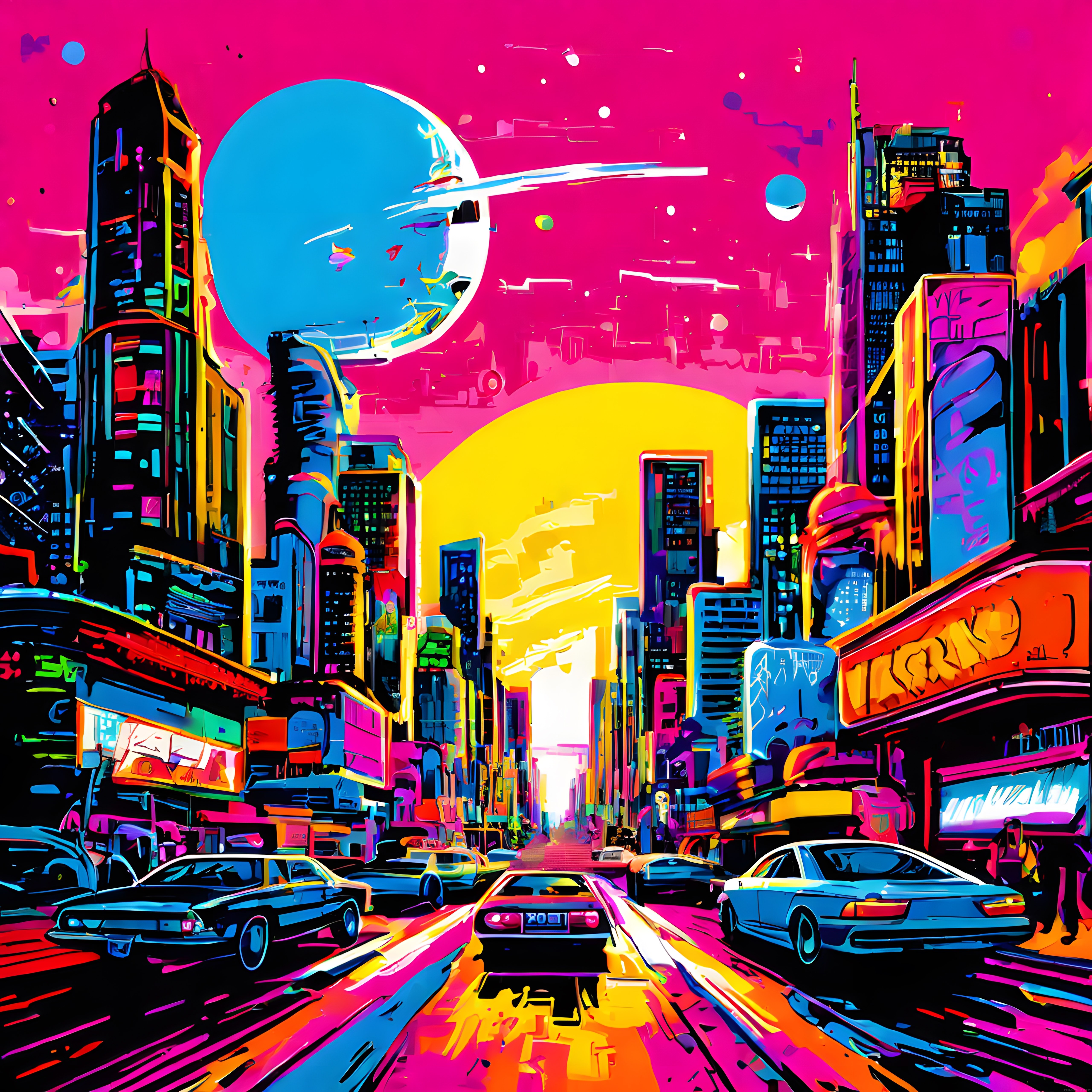 Cyberpunk Tarzında Neon Işıklı Soyut Şehir Manzarası ve Dev Gezegen