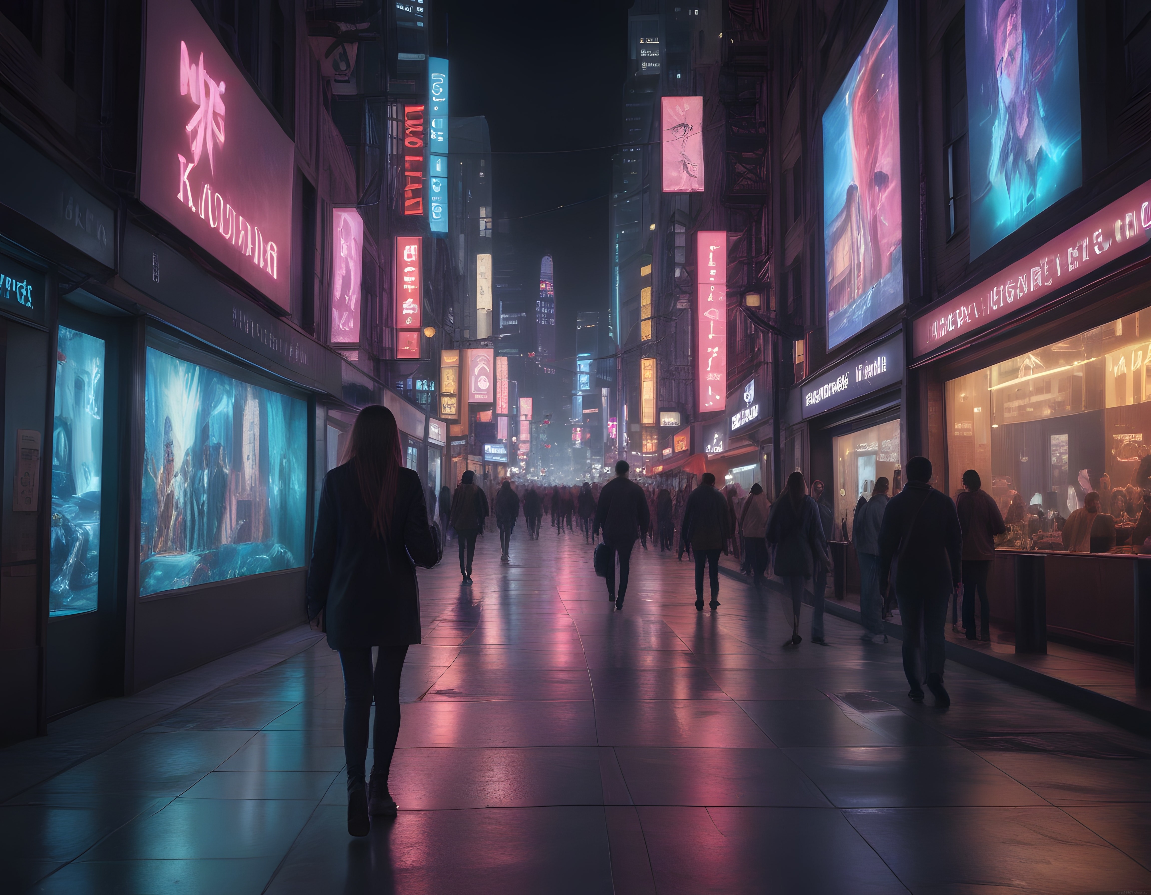 Cyberpunk Tarzında Neon Işıklı ve Yağmurlu Gelecek Şehir Manzarası