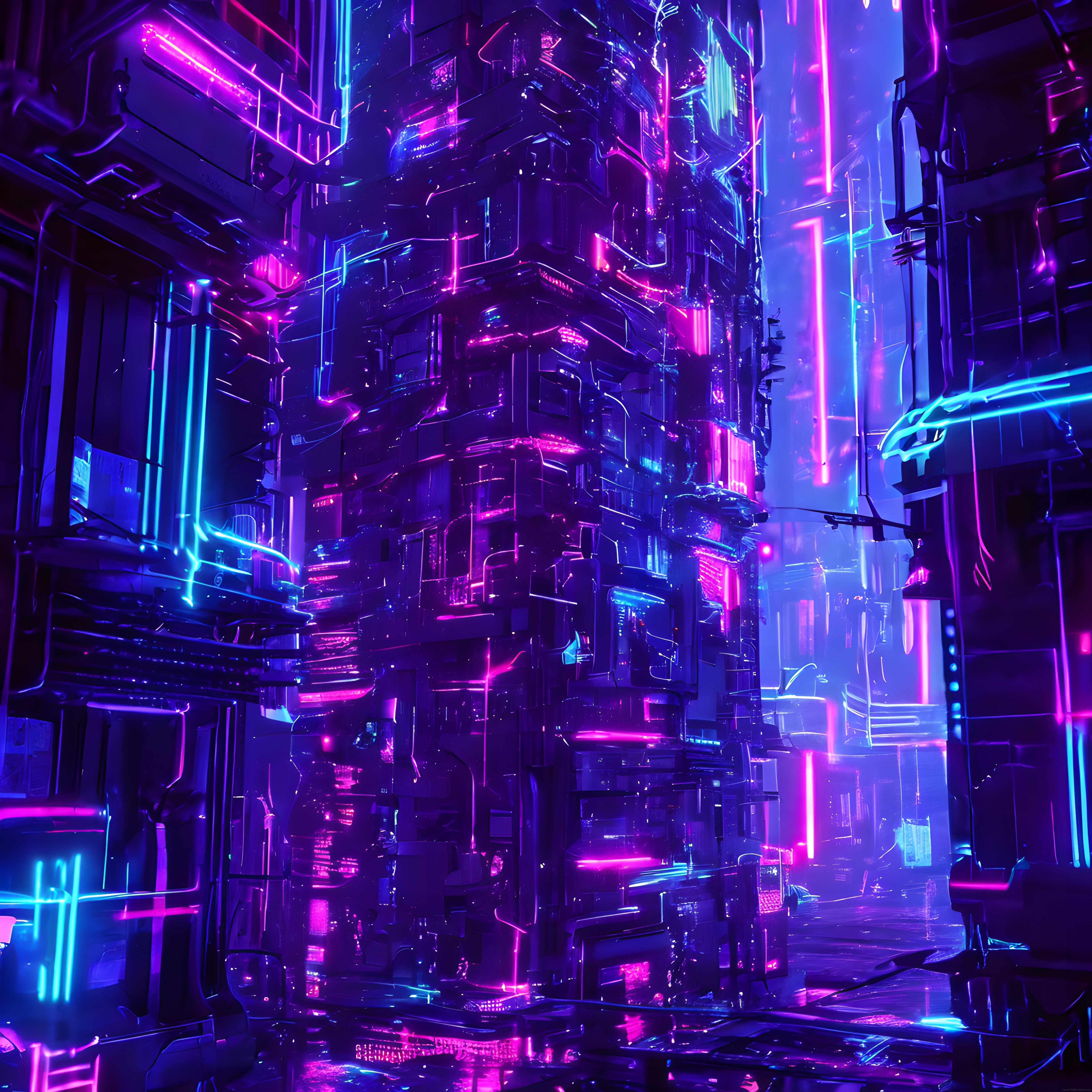 Cyberpunk Tarzında Neonly Aydınlatılmış Fütüristik Şehir Kulesi ve Dijital Sanat Eseri