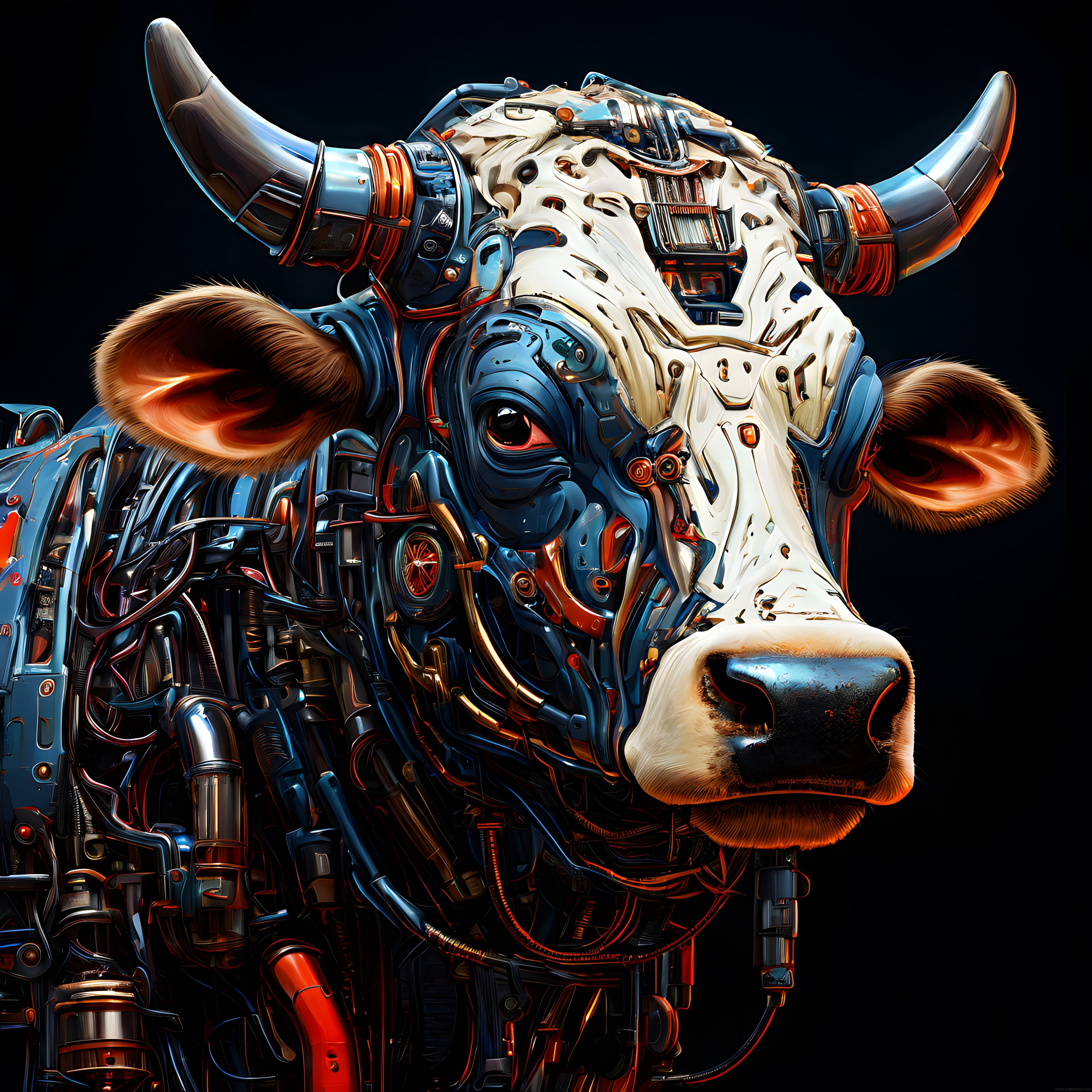 Cyberpunk Tarzında Organik ve Metalden Oluşan Mekanik Boğa Portresi
