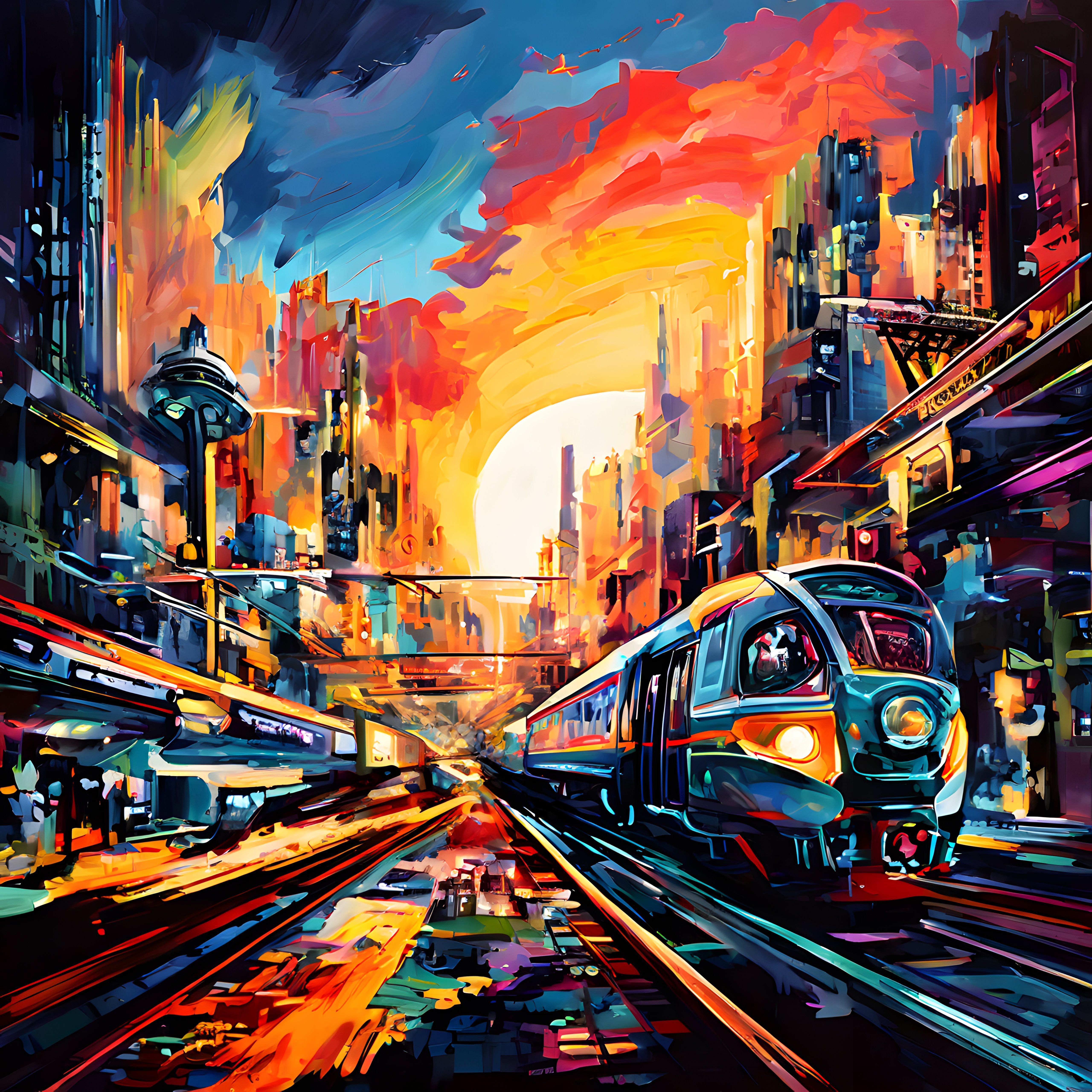 Cyberpunk tarzında renkli fütüristik şehir manzarası ve raylı sistem treni