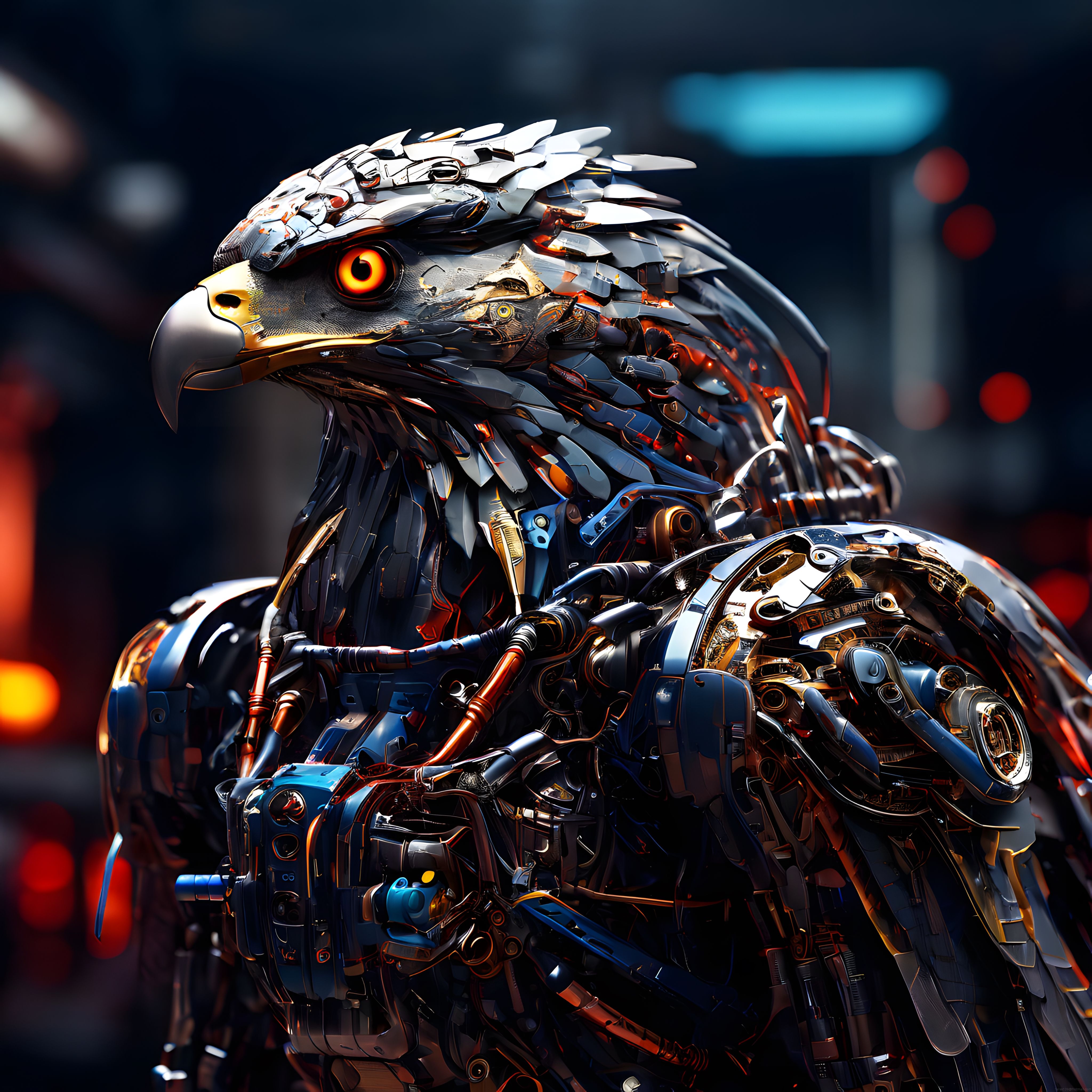 Cyberpunk tarzında turuncu gözlü mekanik kartal portresi ve dijital detaylar