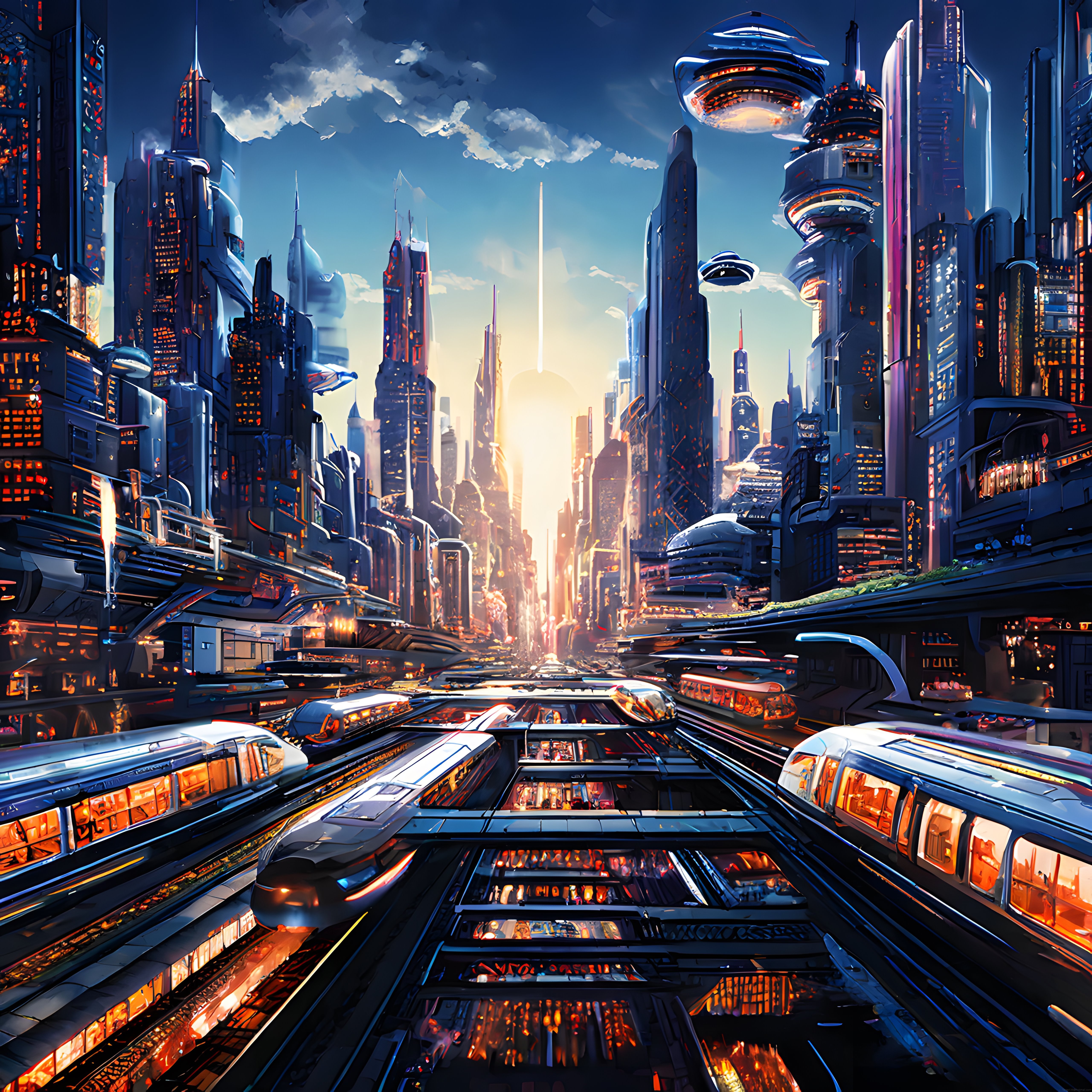 Cyberpunk Temalı Gün Batımında Fütüristik Şehir ve Uçan Araç Manzarası