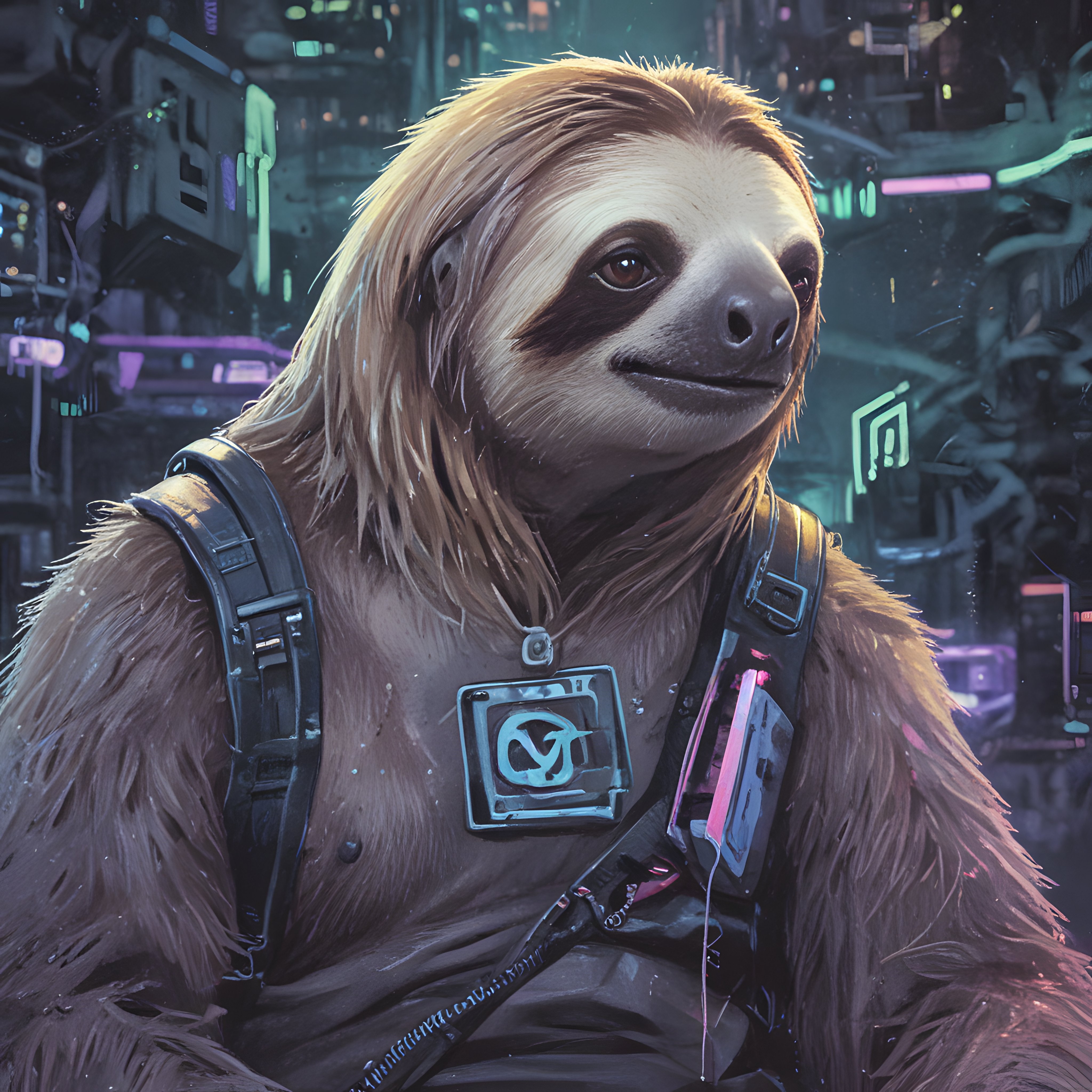 Cyberpunk Tembel Hayvan: Neon Işıklı Gelecek Şehrinde Dijital Bir Portre