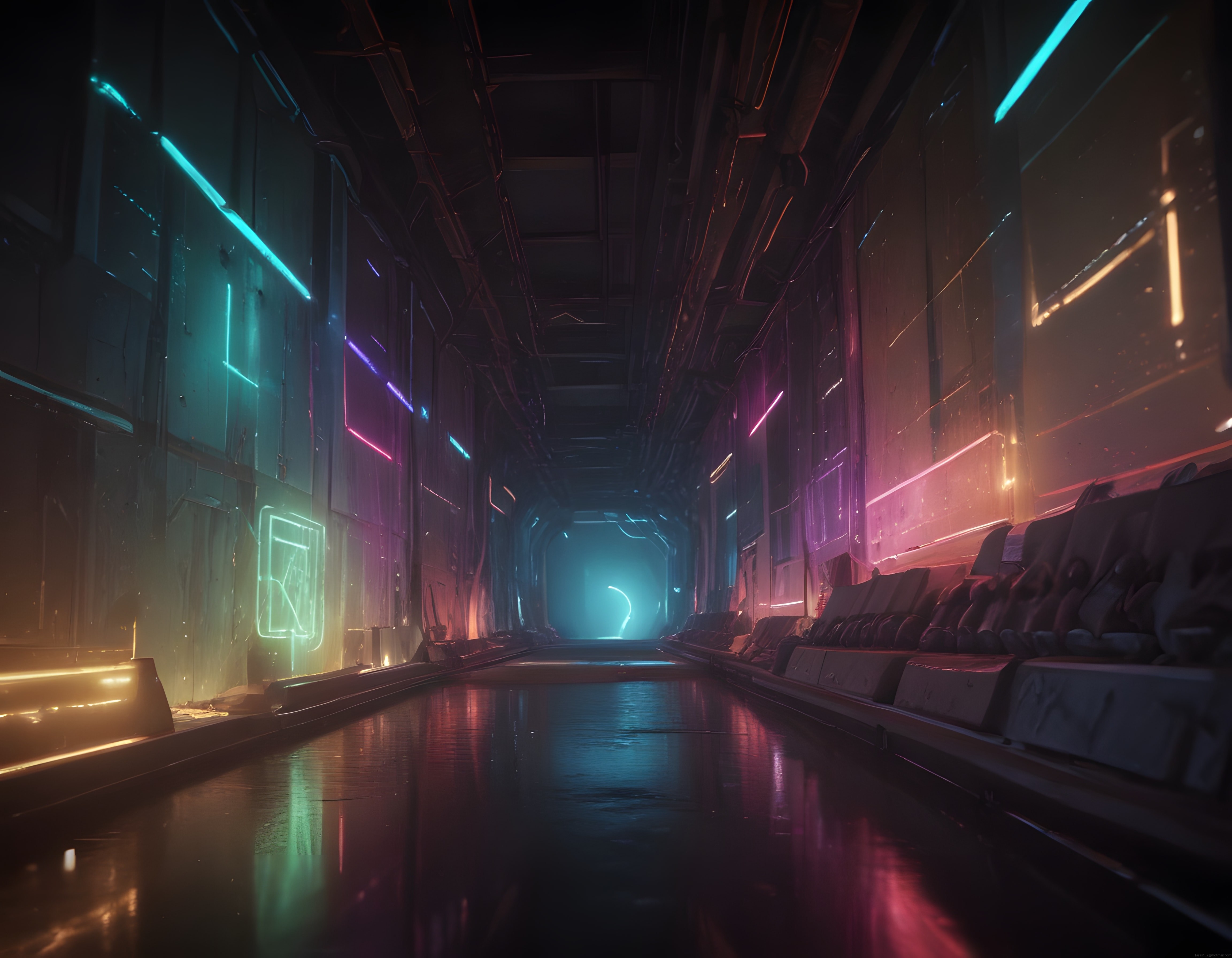 Cyberpunk tünel, ıslak zeminde neon yansımalar ve karanlık bilim kurgu atmosferi