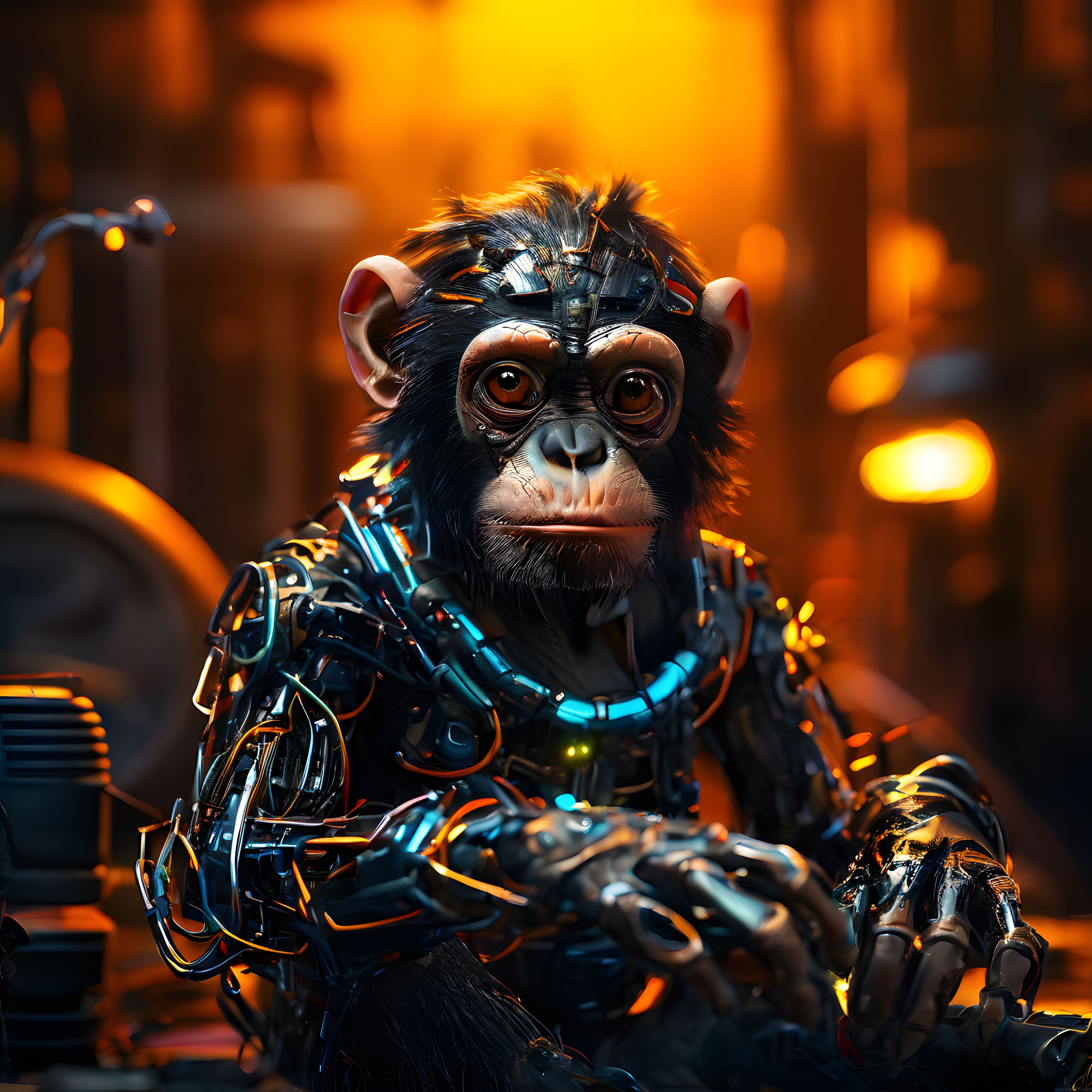 Cyborg Şempanze Portresi: Turuncu Işıklı Cyberpunk Dijital Sanat Eseri