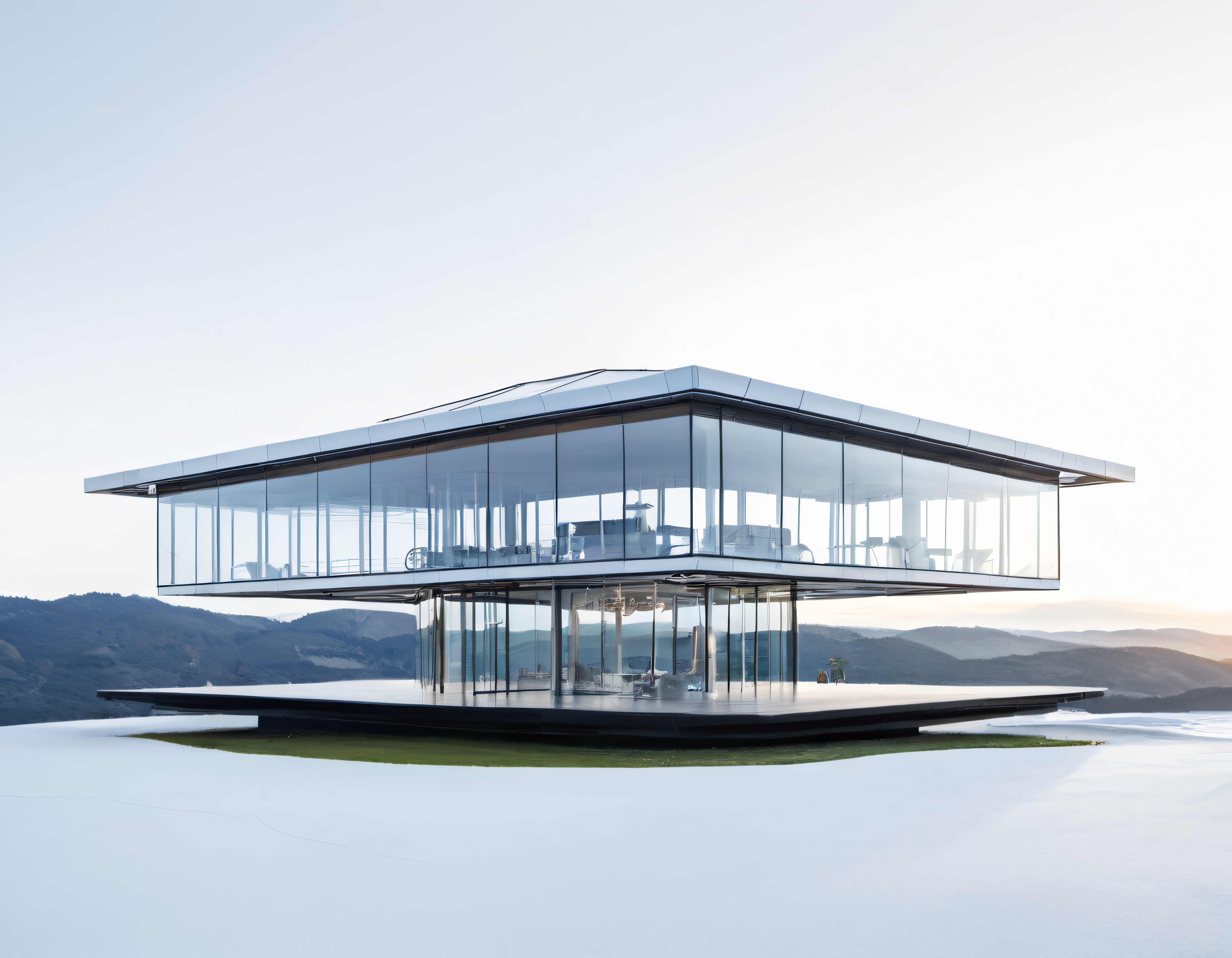 Dağ eteğinde cam cepheli modern minimalist mimari yapı örneği
