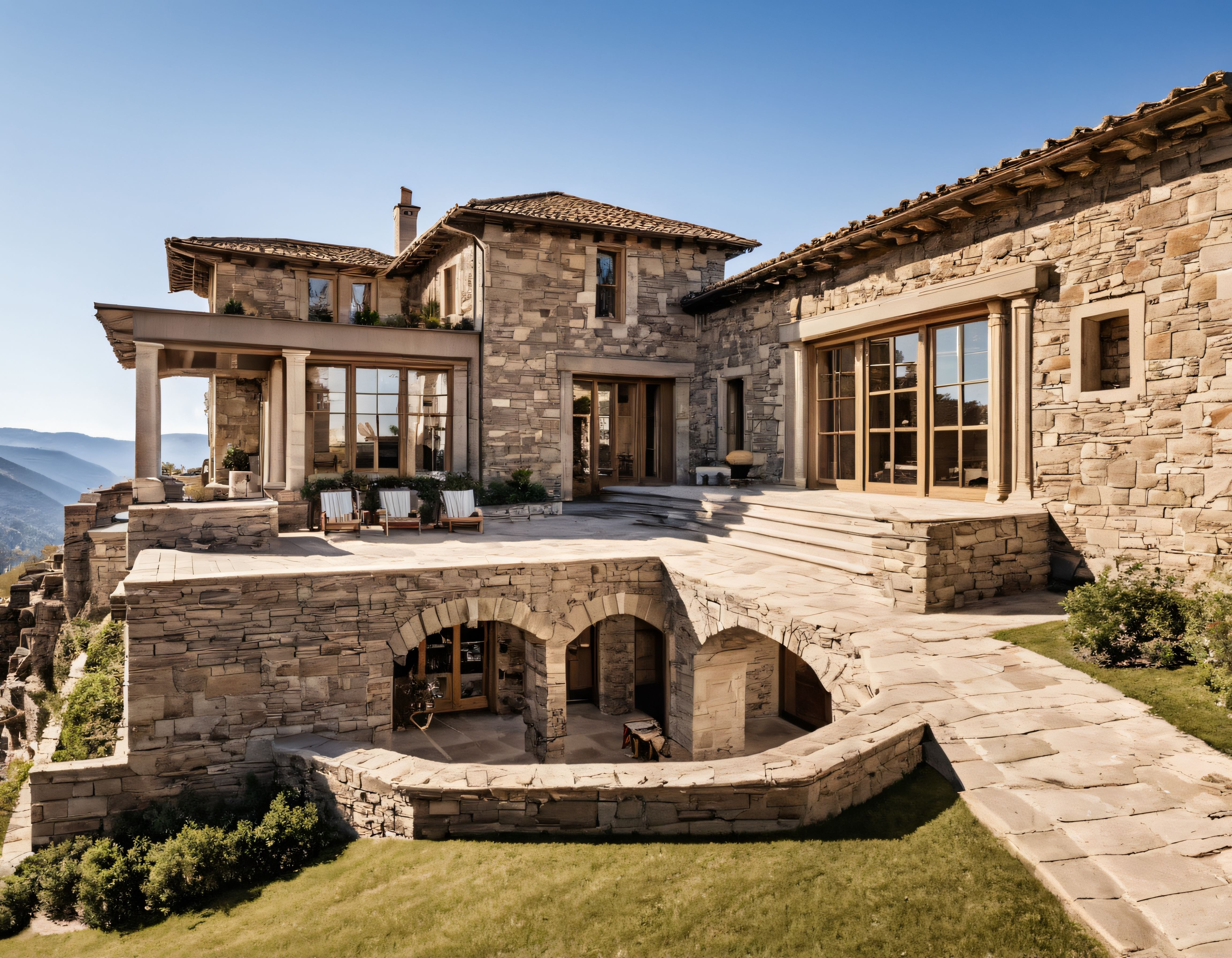 Dağ eteklerinde taş işçiliği ve modern mimarinin buluştuğu lüks villa