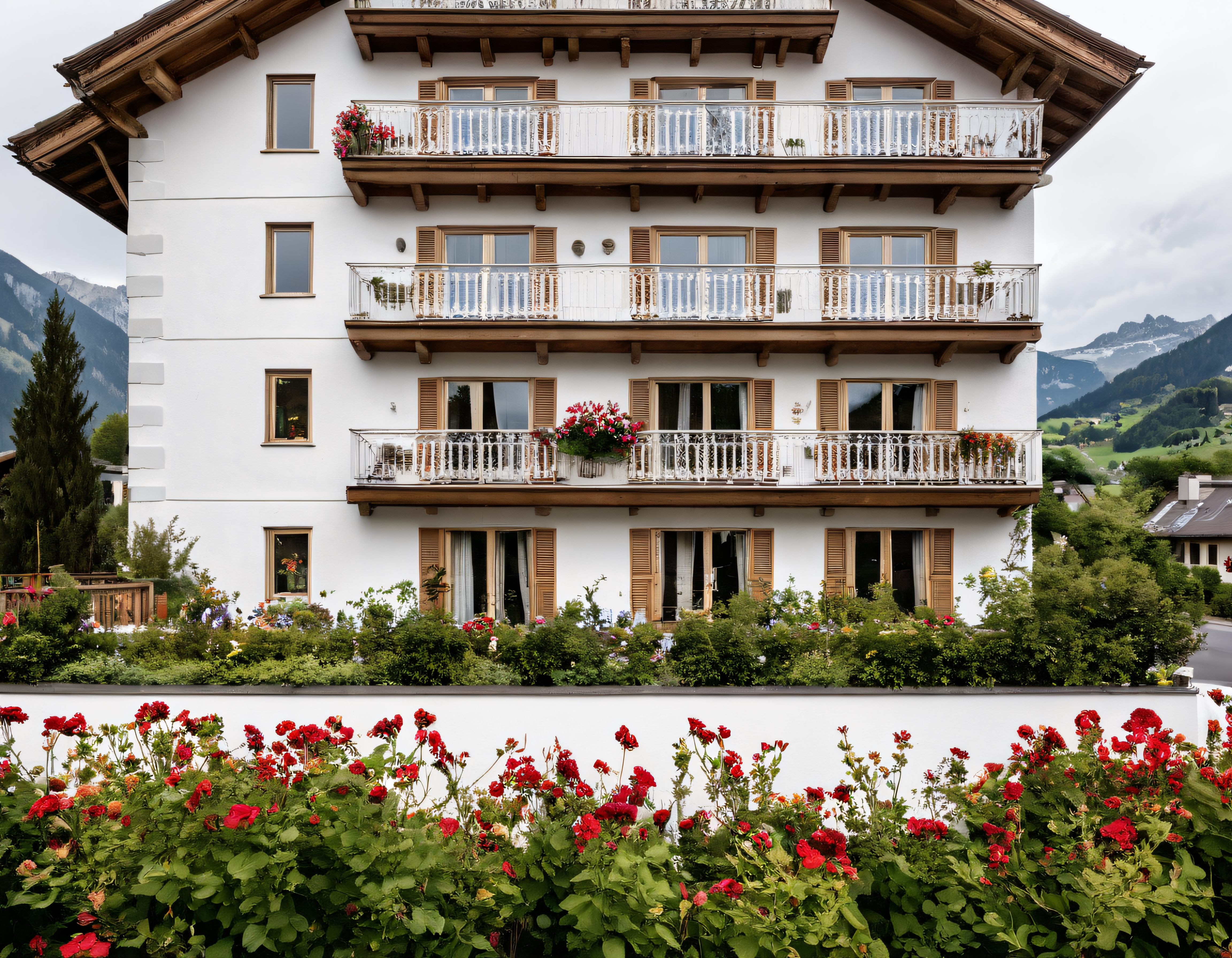 Dağ köyünde çiçekli balkonlu beyaz Alp tarzı otel binası