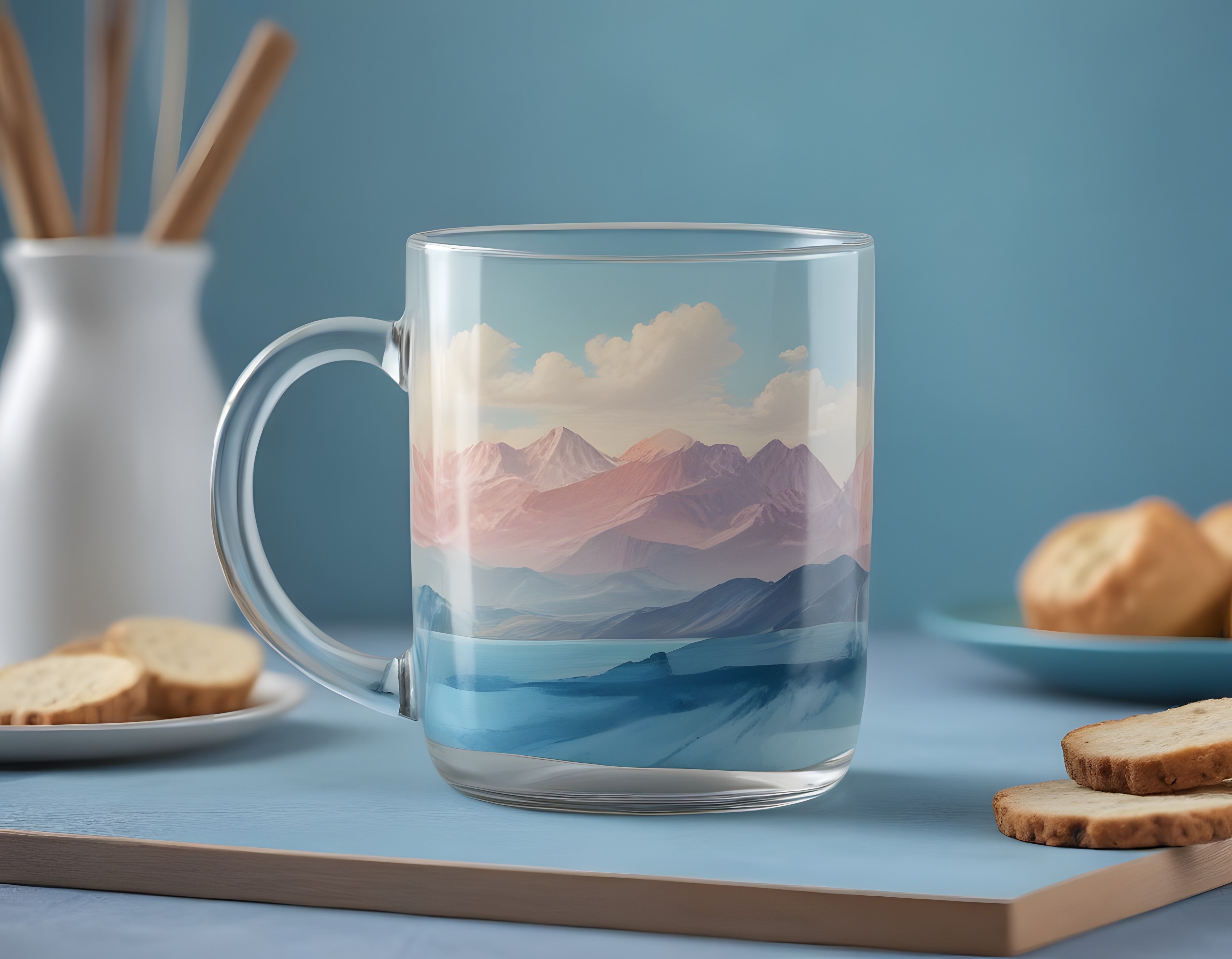 Dağ Manzaralı Artistik Cam Kupa ve Pastel Tonlarda Modern Mutfak Dekorasyonu