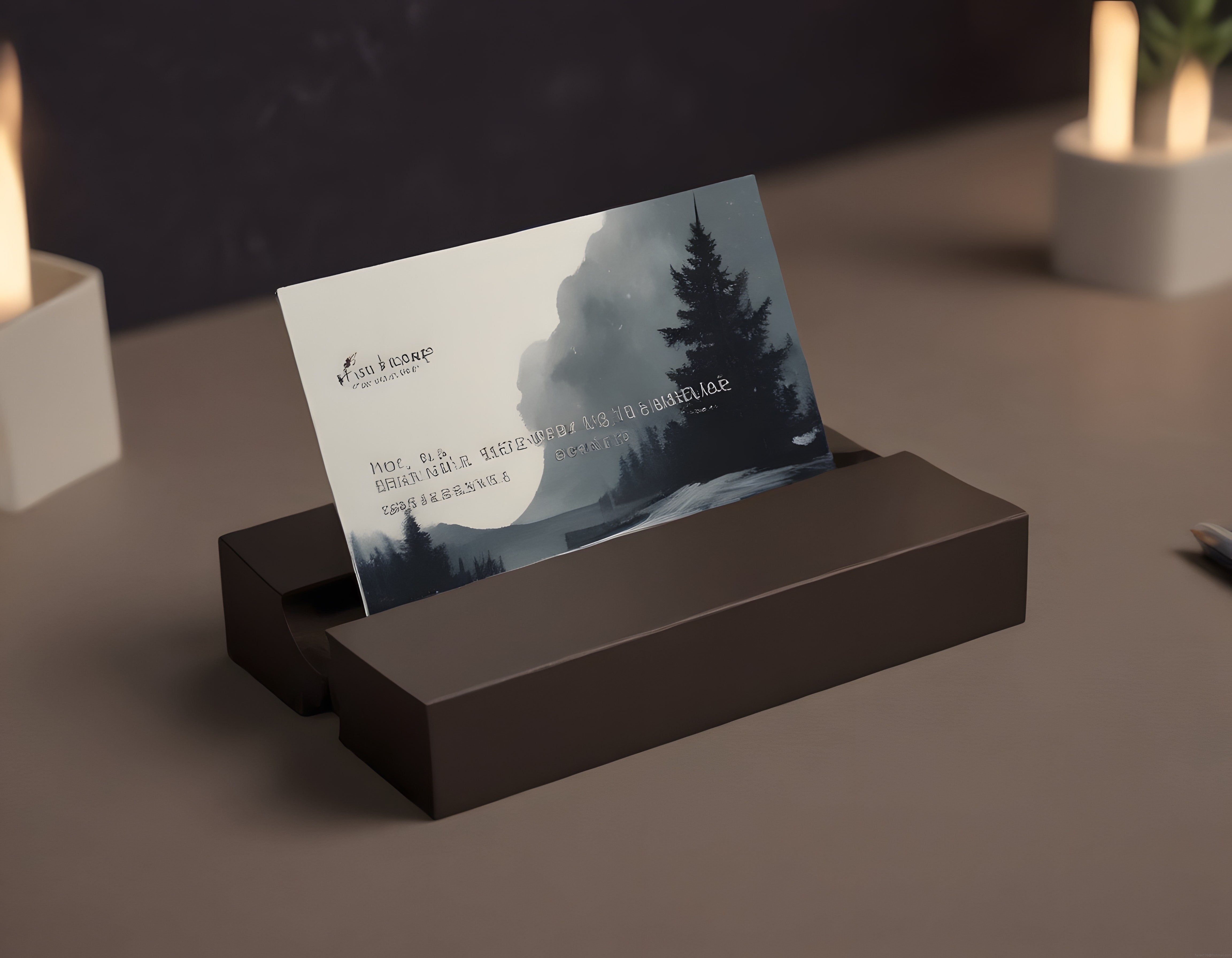 Dağ manzaralı lüks kartvizit mockup'ı: Mum ışığında masaüstü marka sunumu