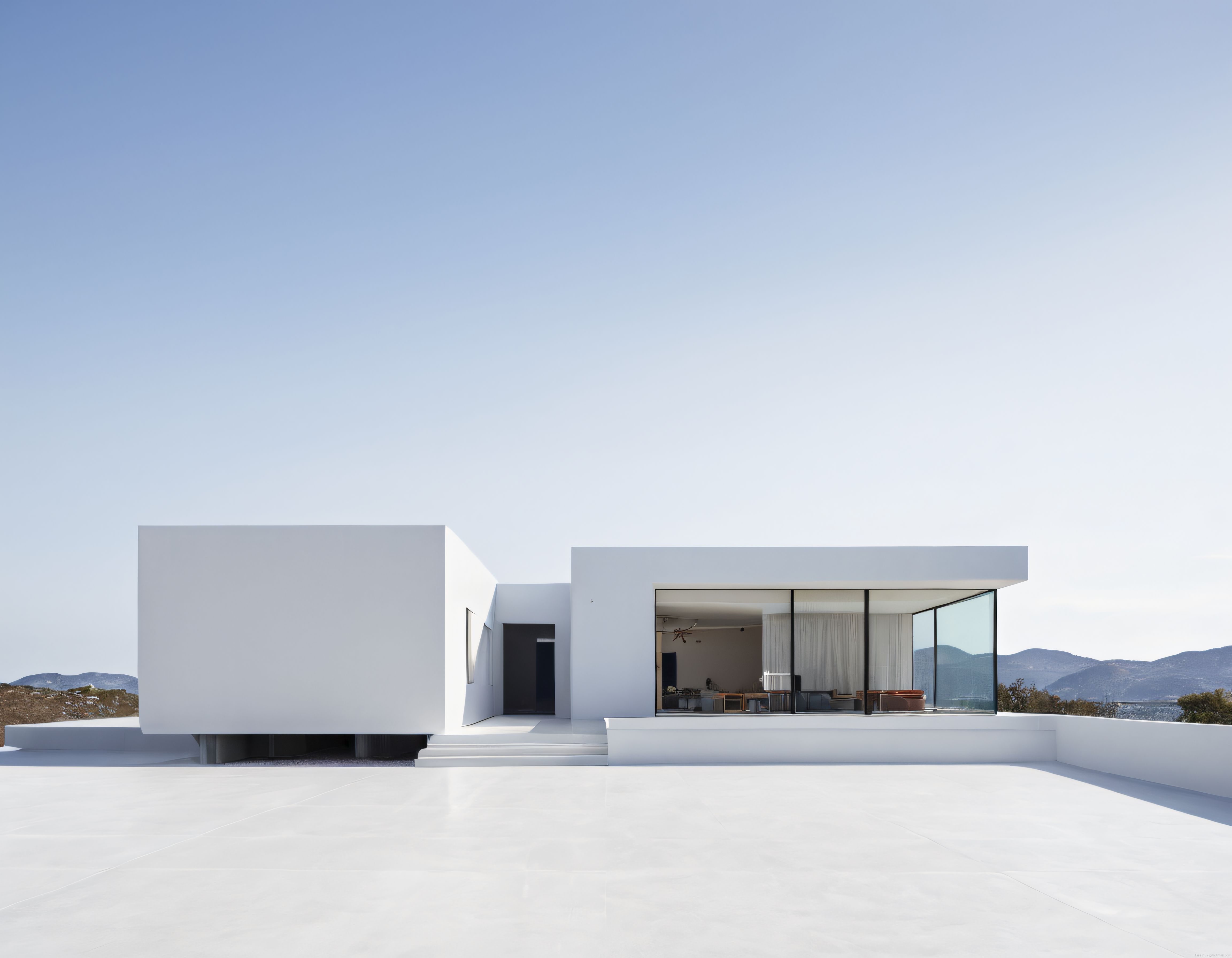Dağ Manzaralı Minimalist Beyaz Villa: Cam Cephe, Kübik Mimari ve Mavi Gökyüzü