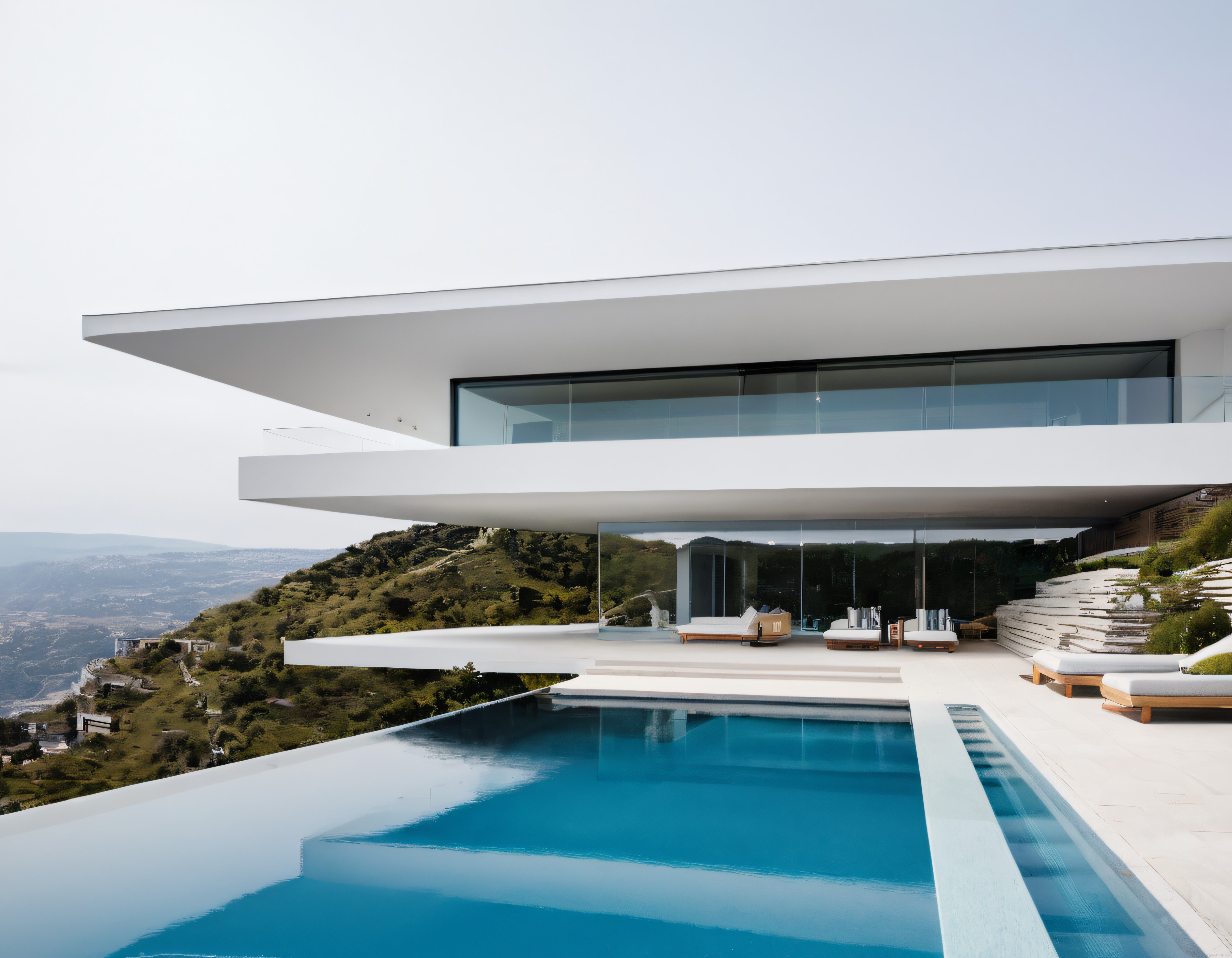 Dağ manzaralı sonsuz havuzlu minimalist beyaz villa ve cam cephe tasarımı
