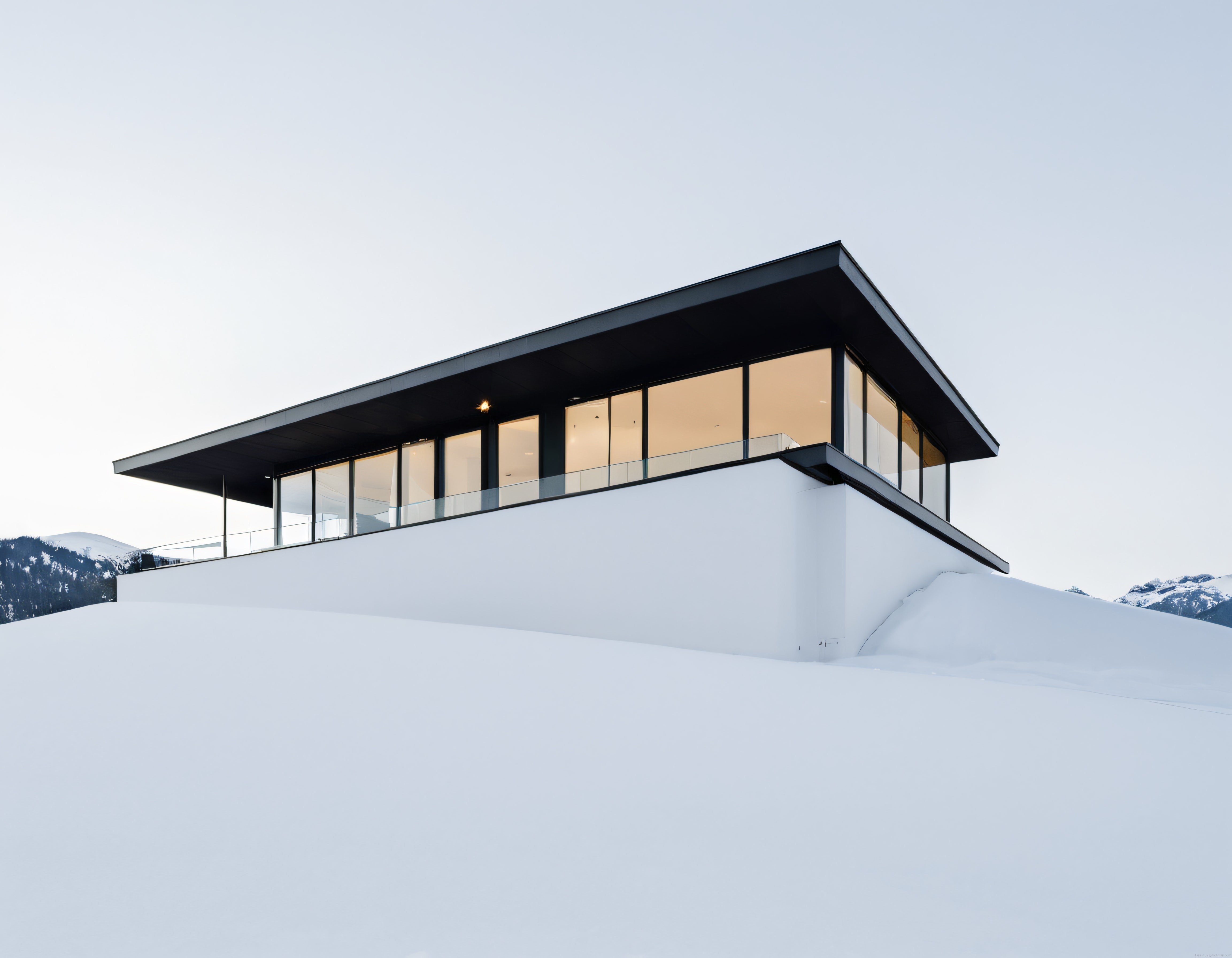 Dağın Zirvesinde Cam Cepheli Modern Lüks Villa ve Kar Manzarası