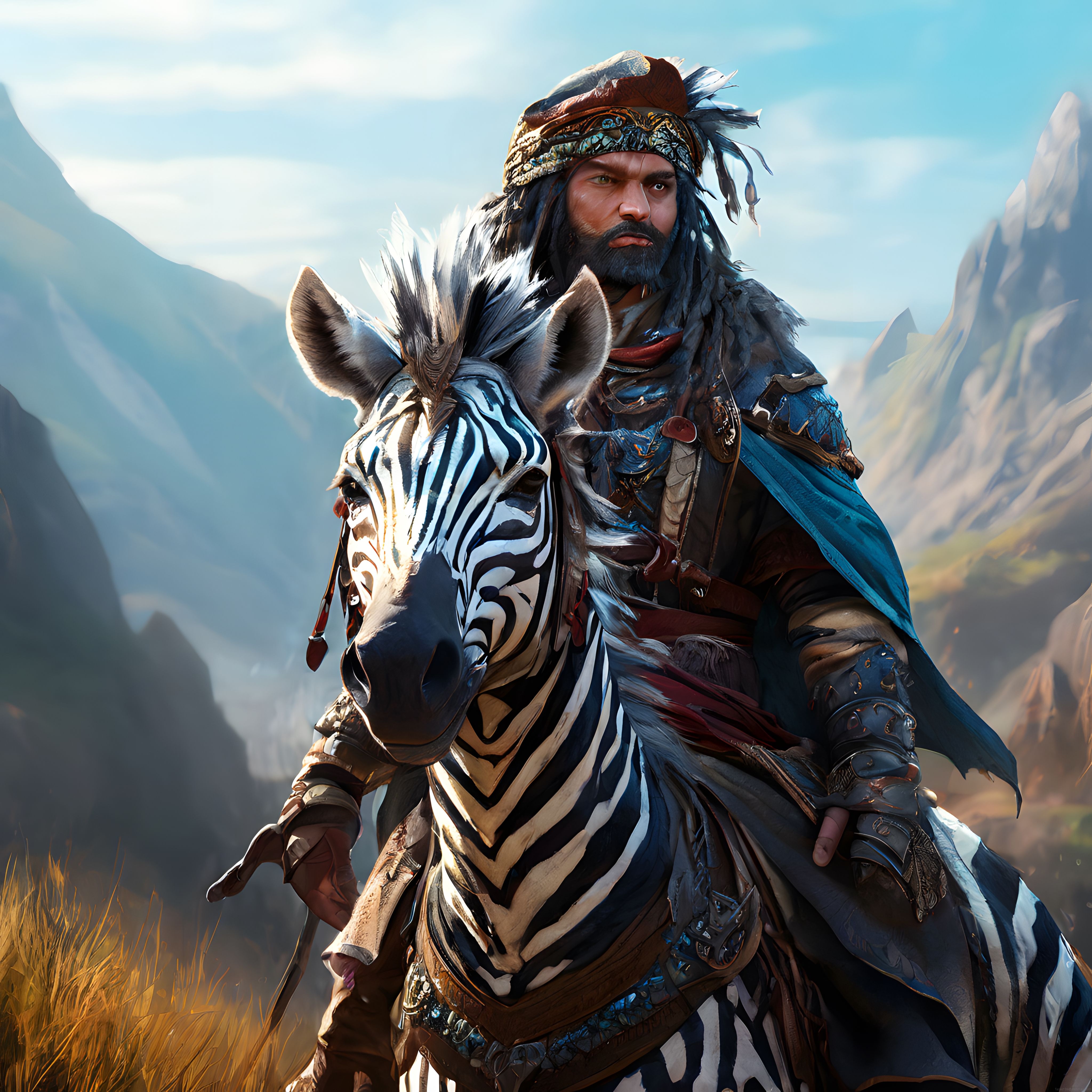Dağların Etrafında Zebra Süren Zırhlı Savaşçı ve Destansı Fantezi Atmosfer
