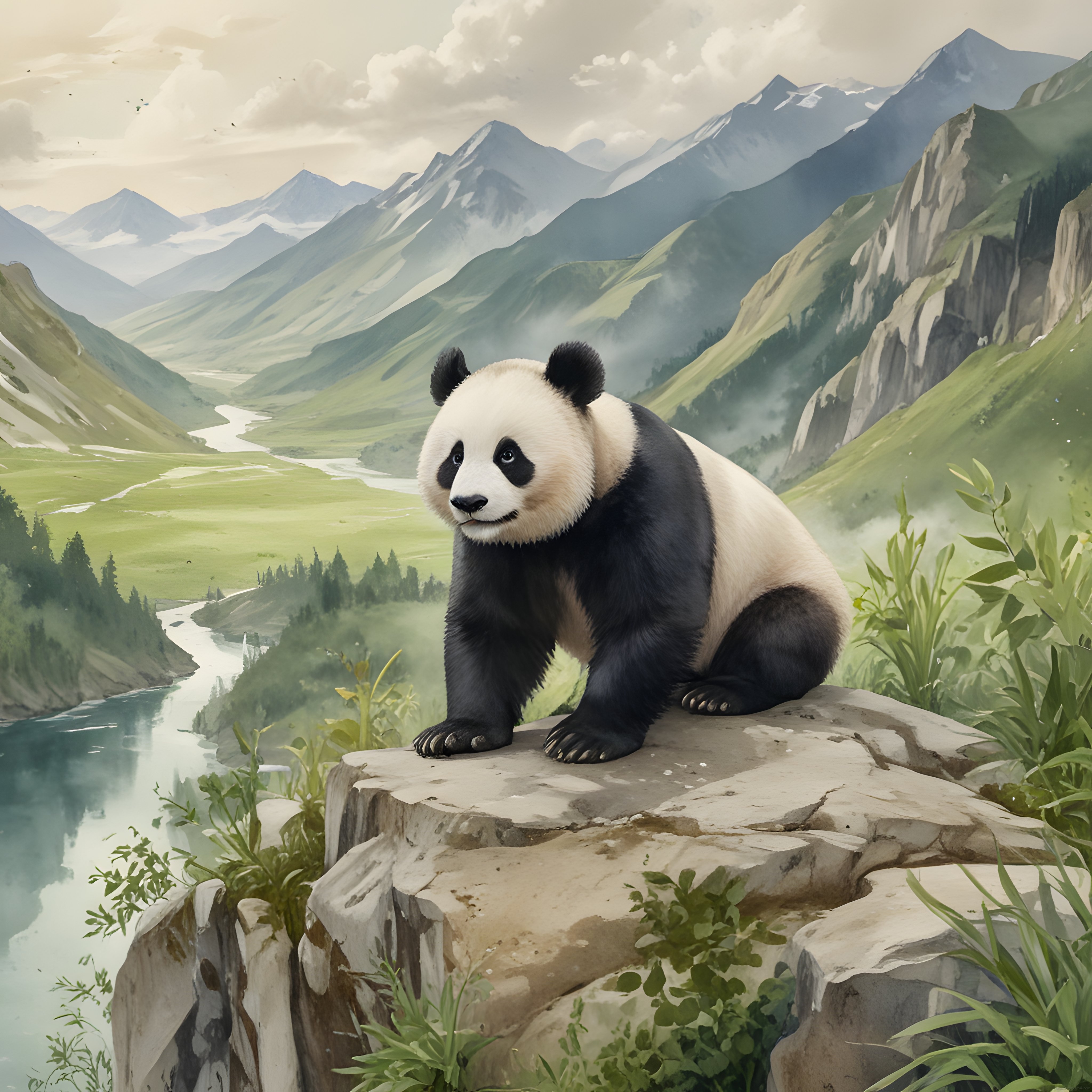 Dağların Huzurunda Kayalıkta Oturan Sevimli Panda ve Yeşil Vadi Manzarası