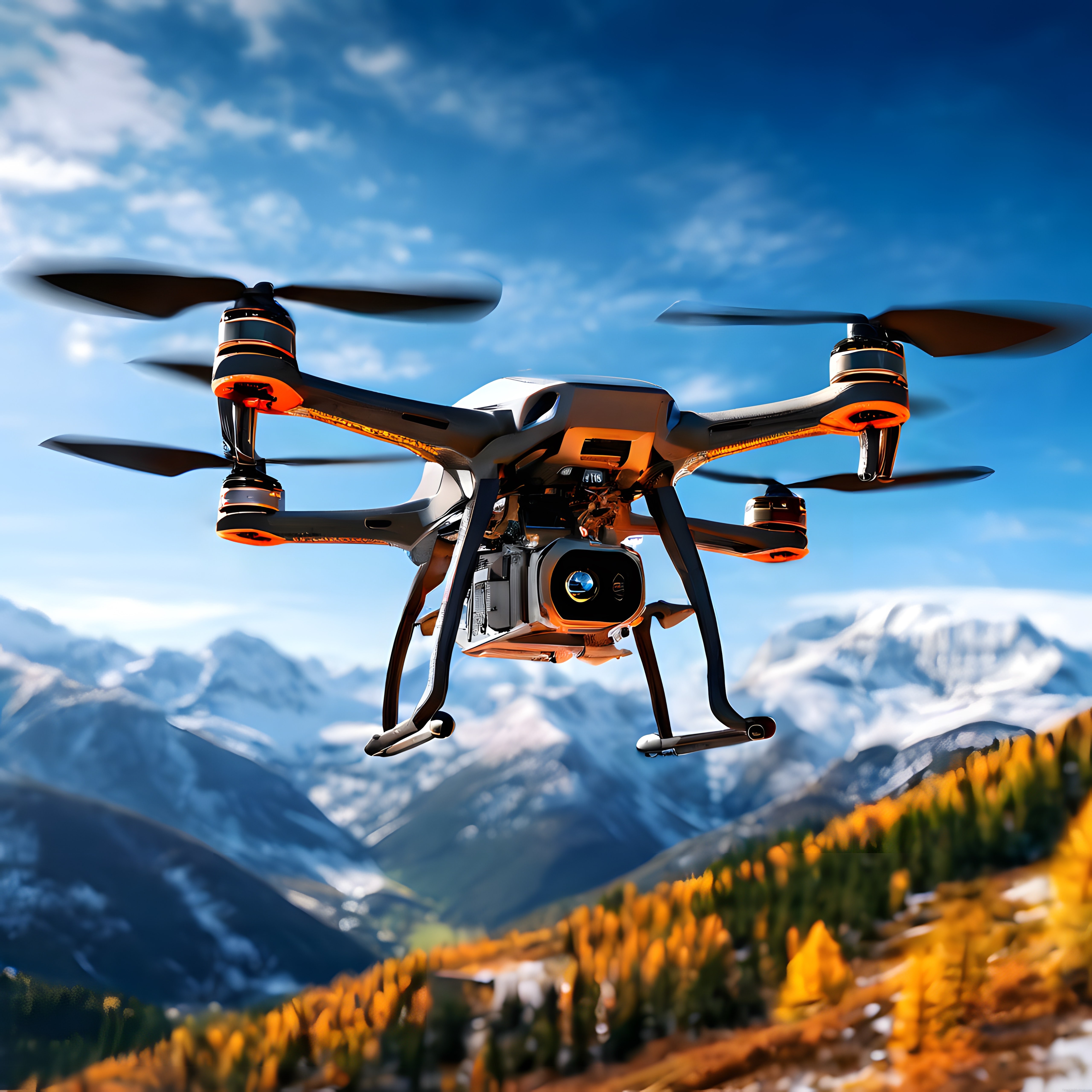 Dağların üzerinde uçan kameralı dört pervaneli drone