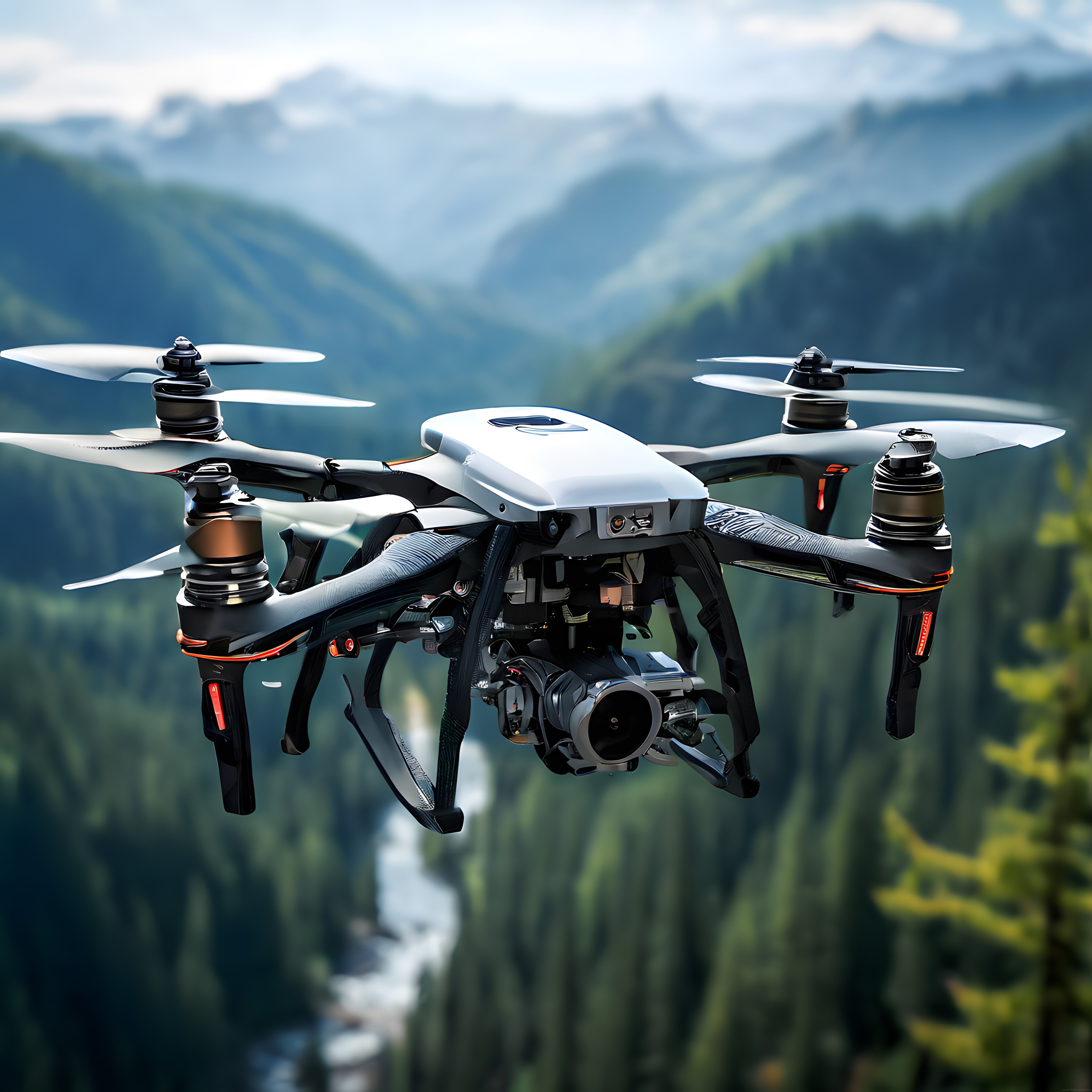 dağlık vadide uçan profesyonel kamera drone ve nehir manzarası