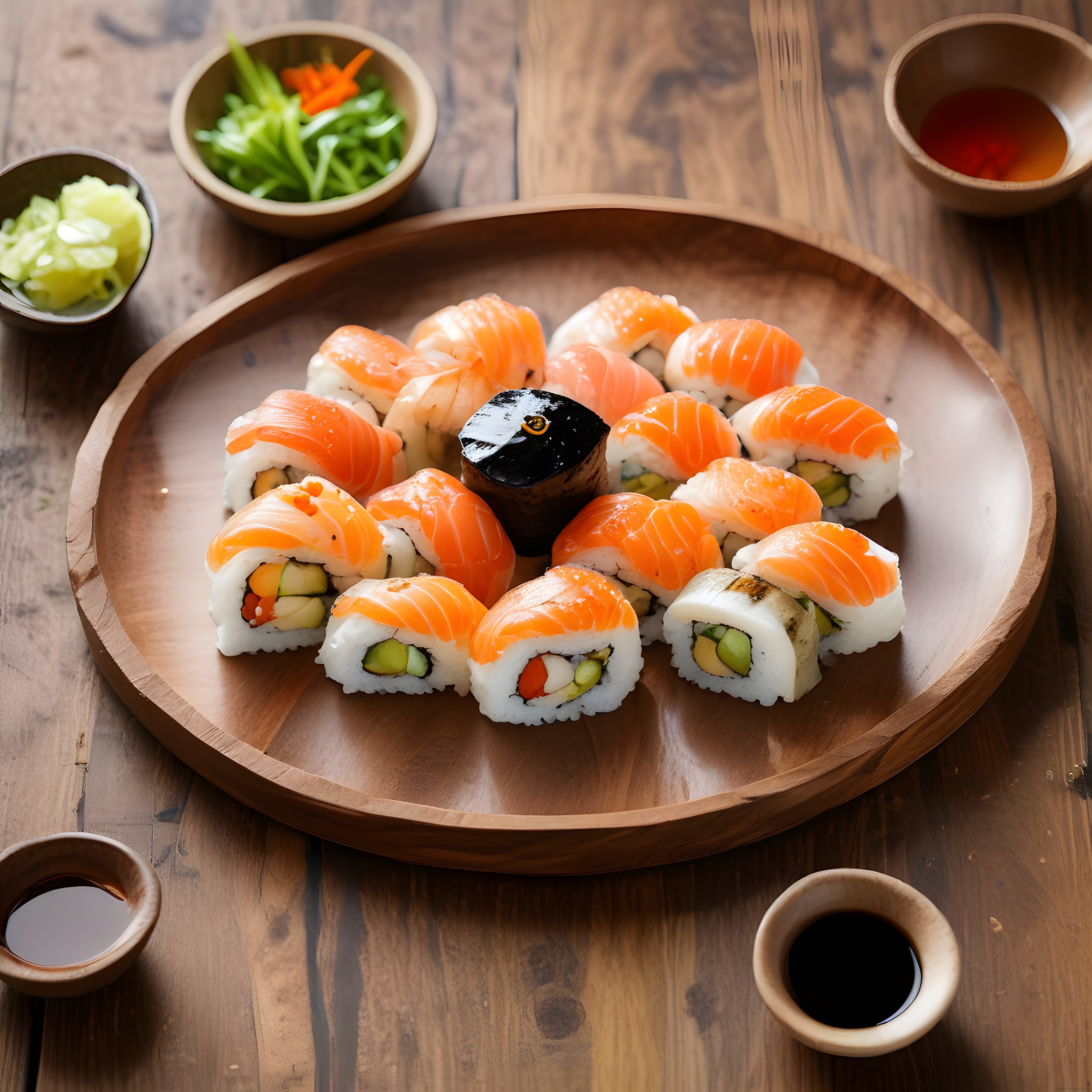 Dairesel Ahşap Tepside Somonlu Sushi Çeşitleri ve Geleneksel Soslar