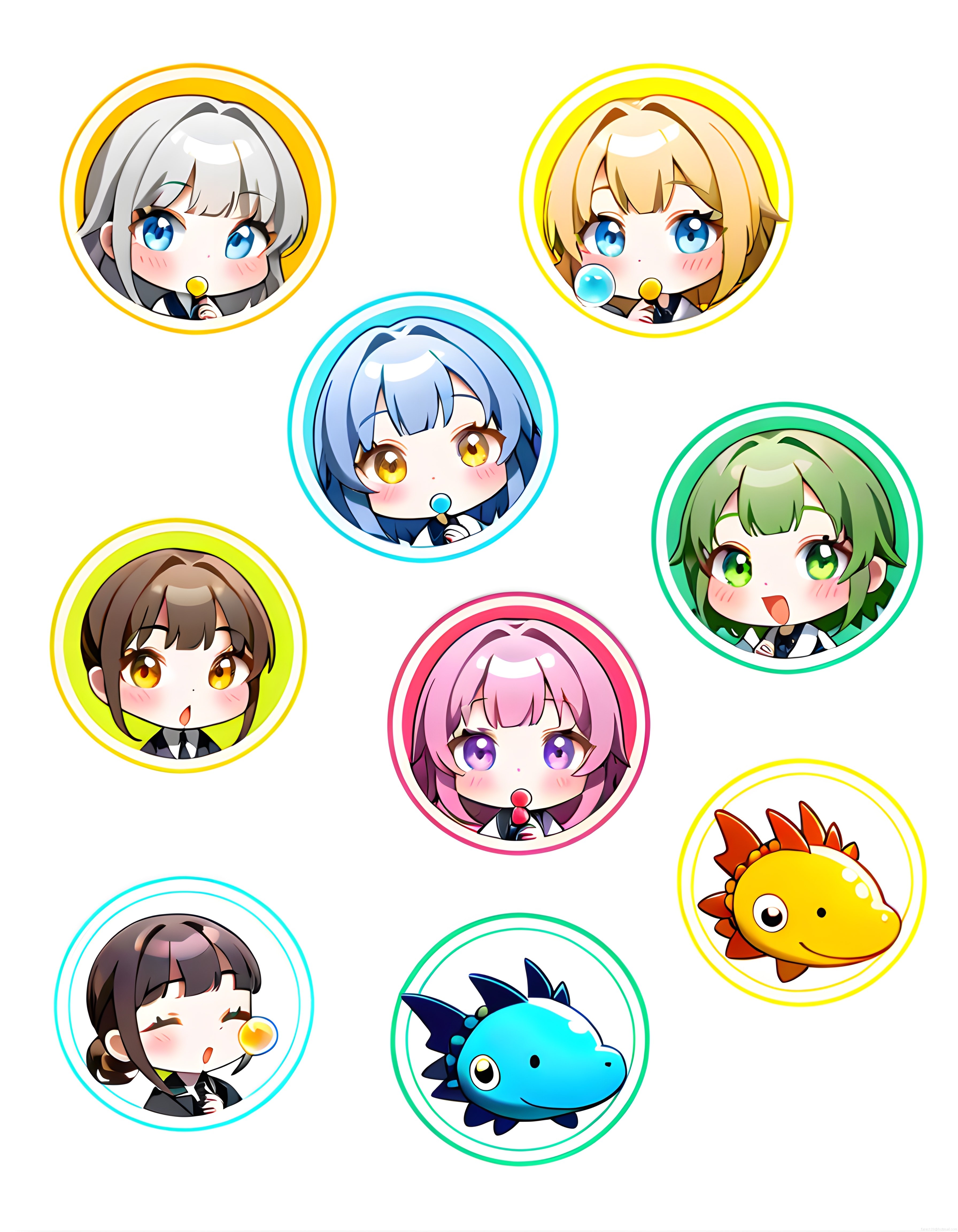 Dairesel çerçevelerde sevimli chibi karakterler ve kawaii dinozor çizimleri