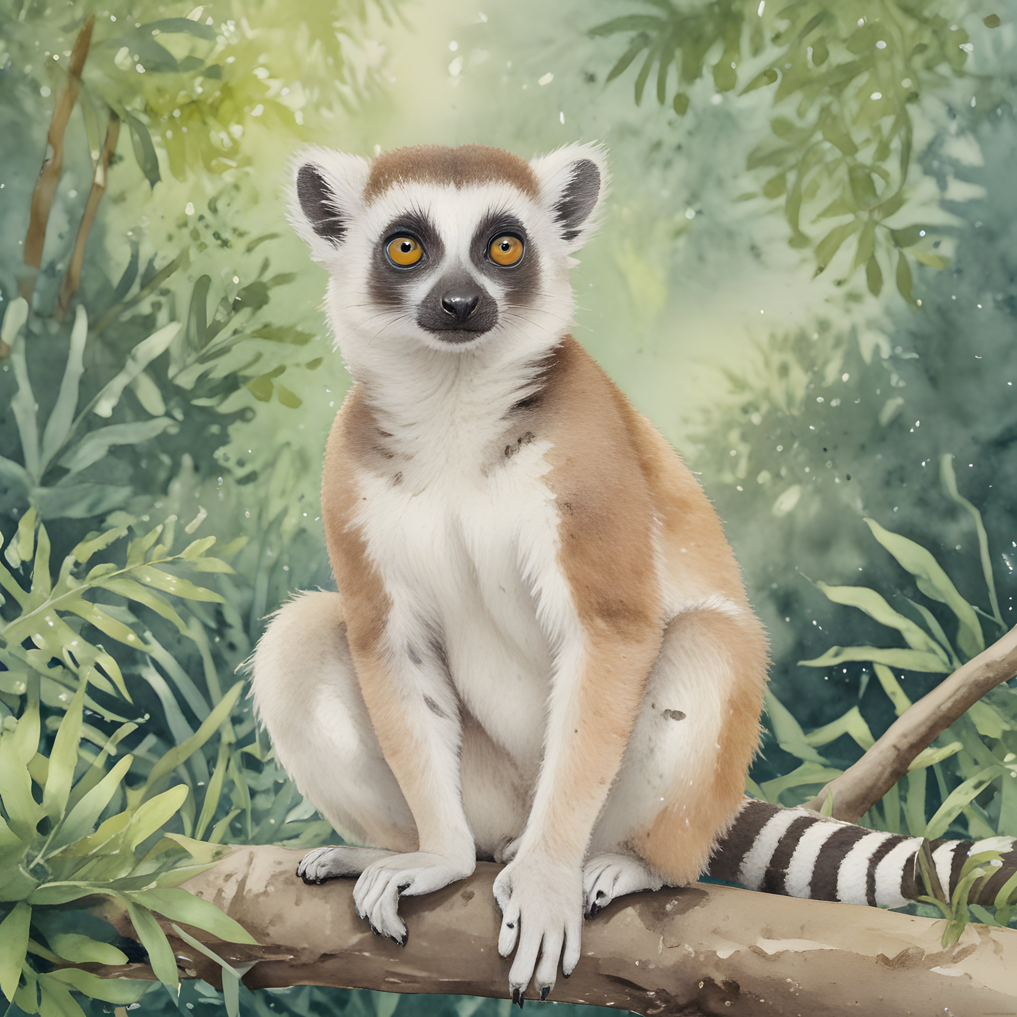 Dalda oturan halkalı kuyruklu lemur illüstrasyonu