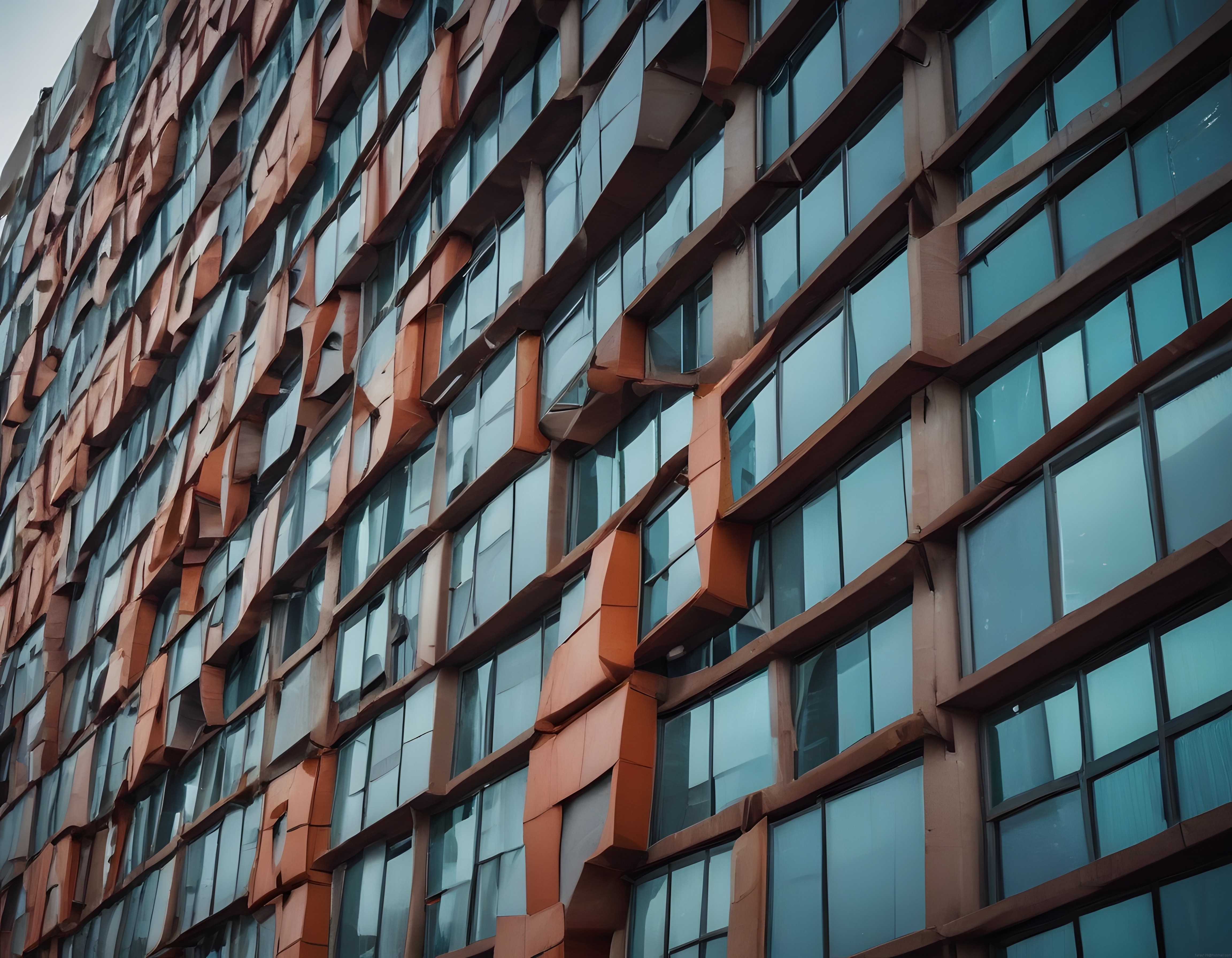 Dalgalı Bakır Panelli Modern Bina Cephesi ve Geometrik Pencere Detayları