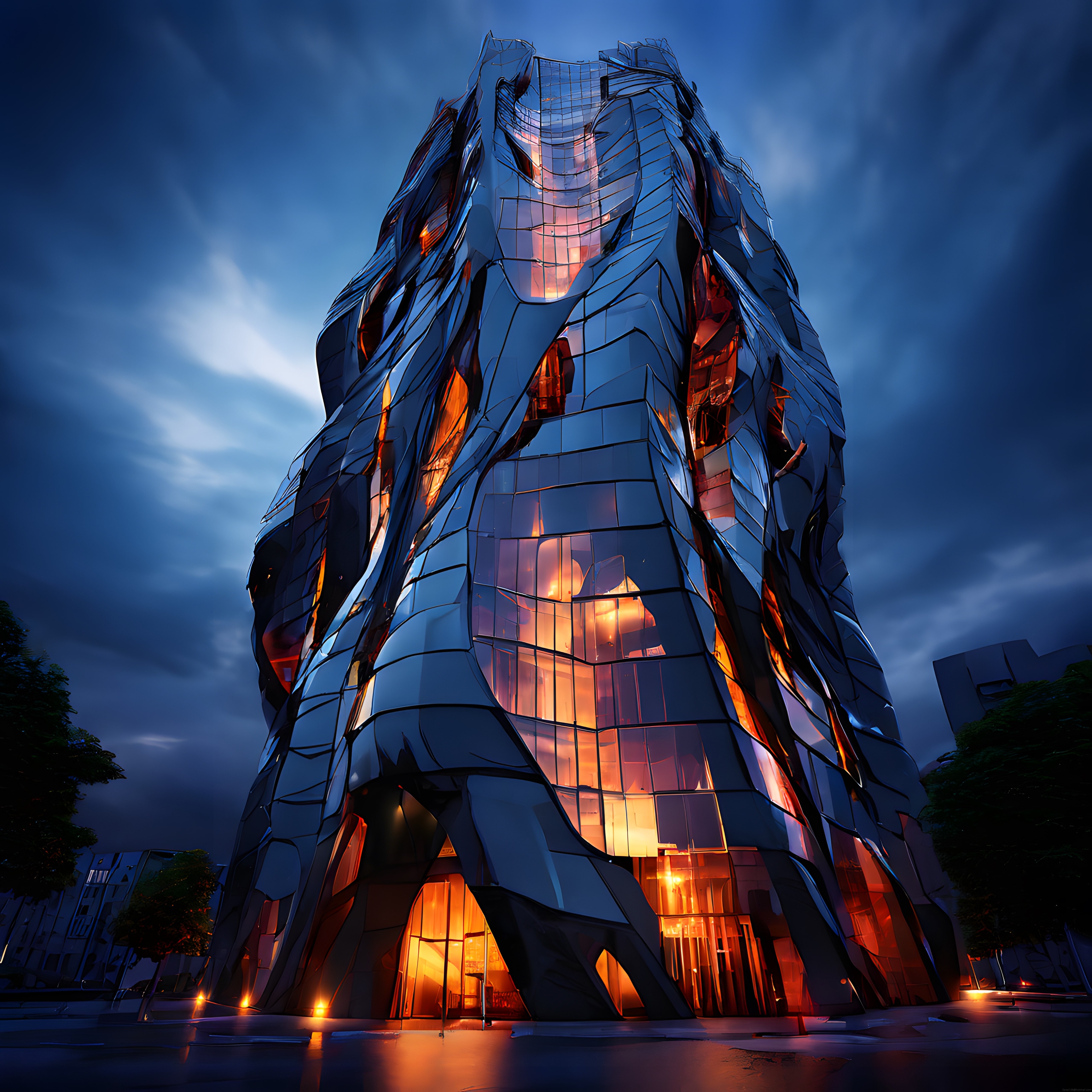 Dalgalı Metal Yüzeyleriyle Geleceğin Işıklı Deconstructivist Kule Mimarisi