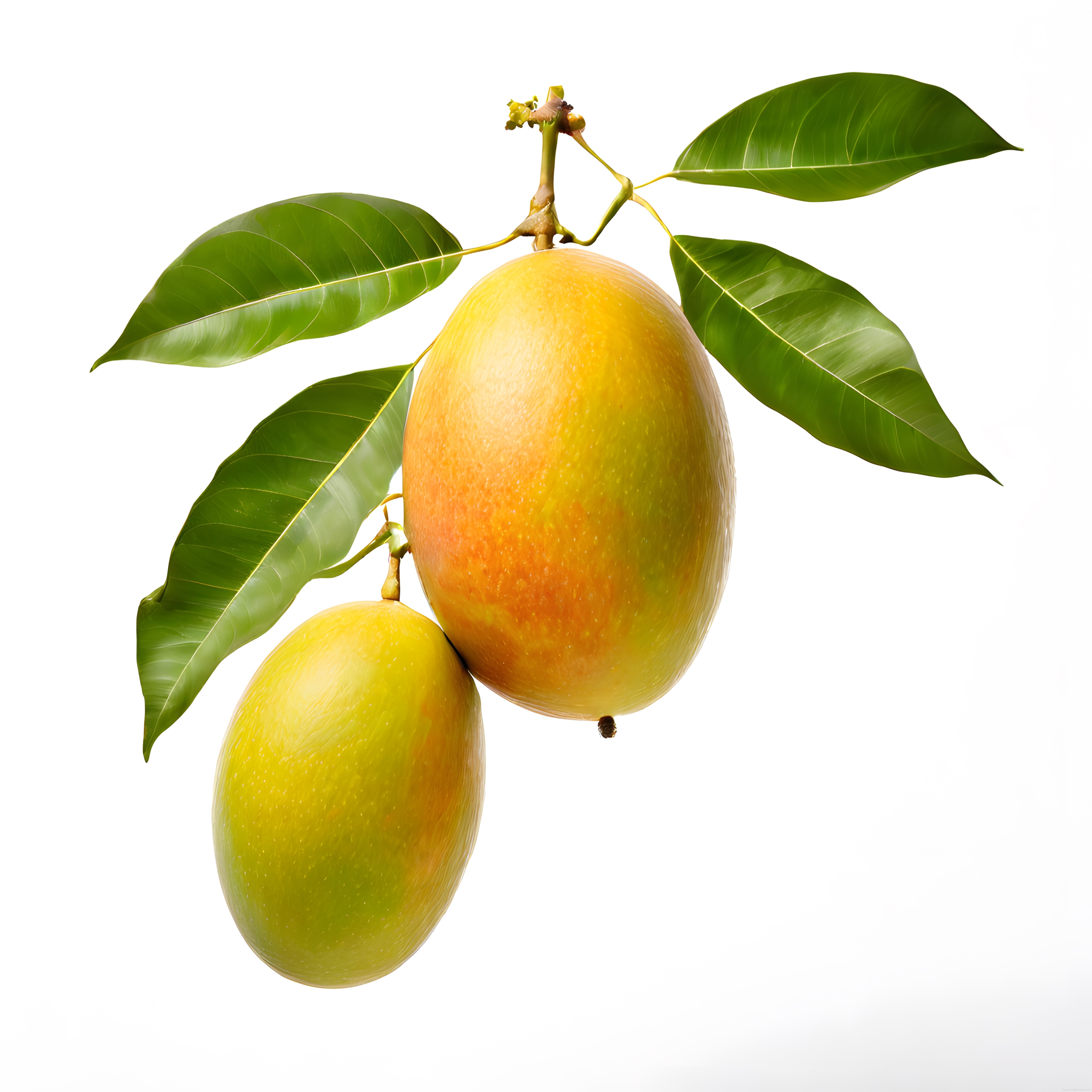 Dalında Olgunlaşan İki Mango: Tropikal Meyve ve Taze Yapraklar Arka Planı