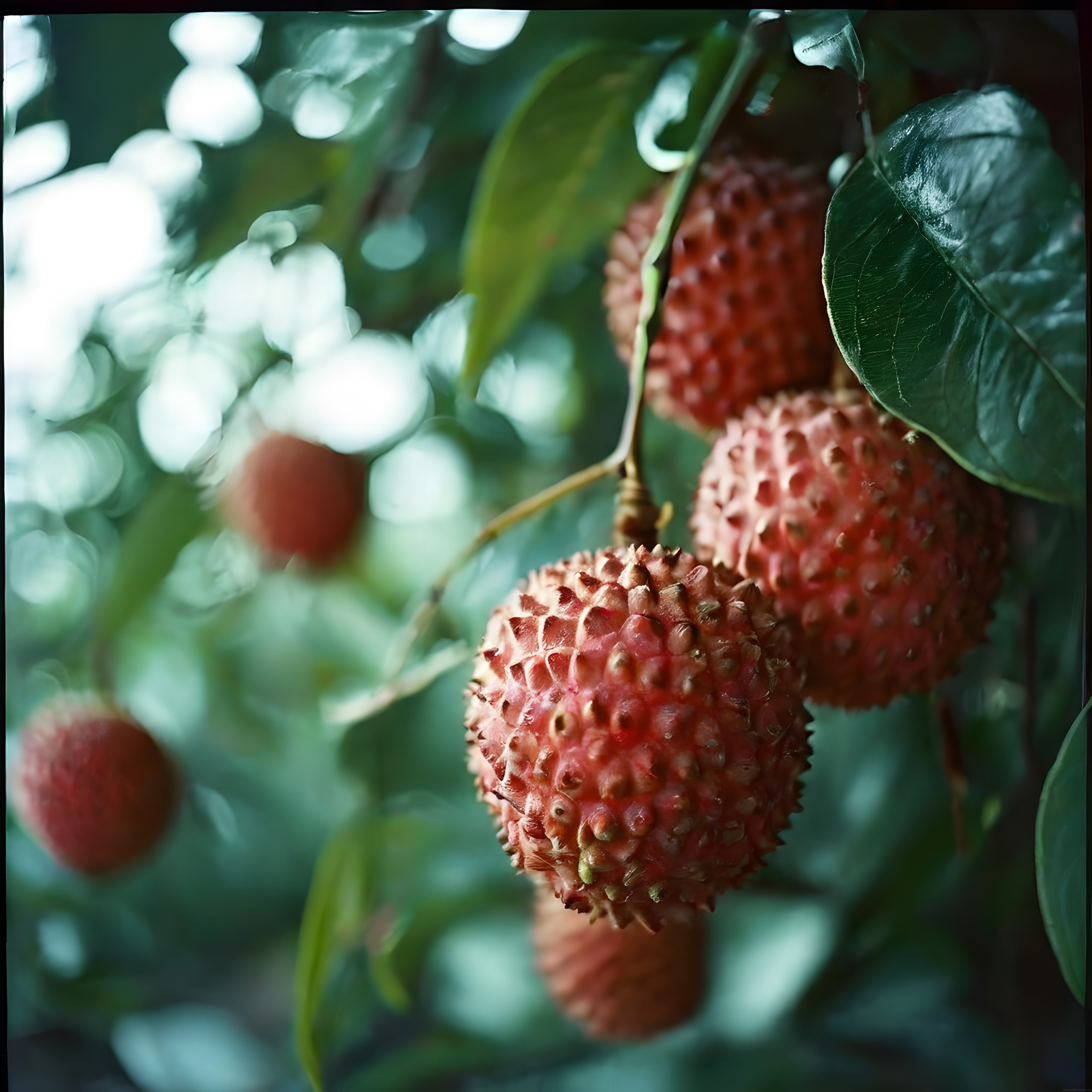 Dalında Olgunlaşan Kırmızı Litchi Meyveleri ve Taze Yeşil Yapraklar
