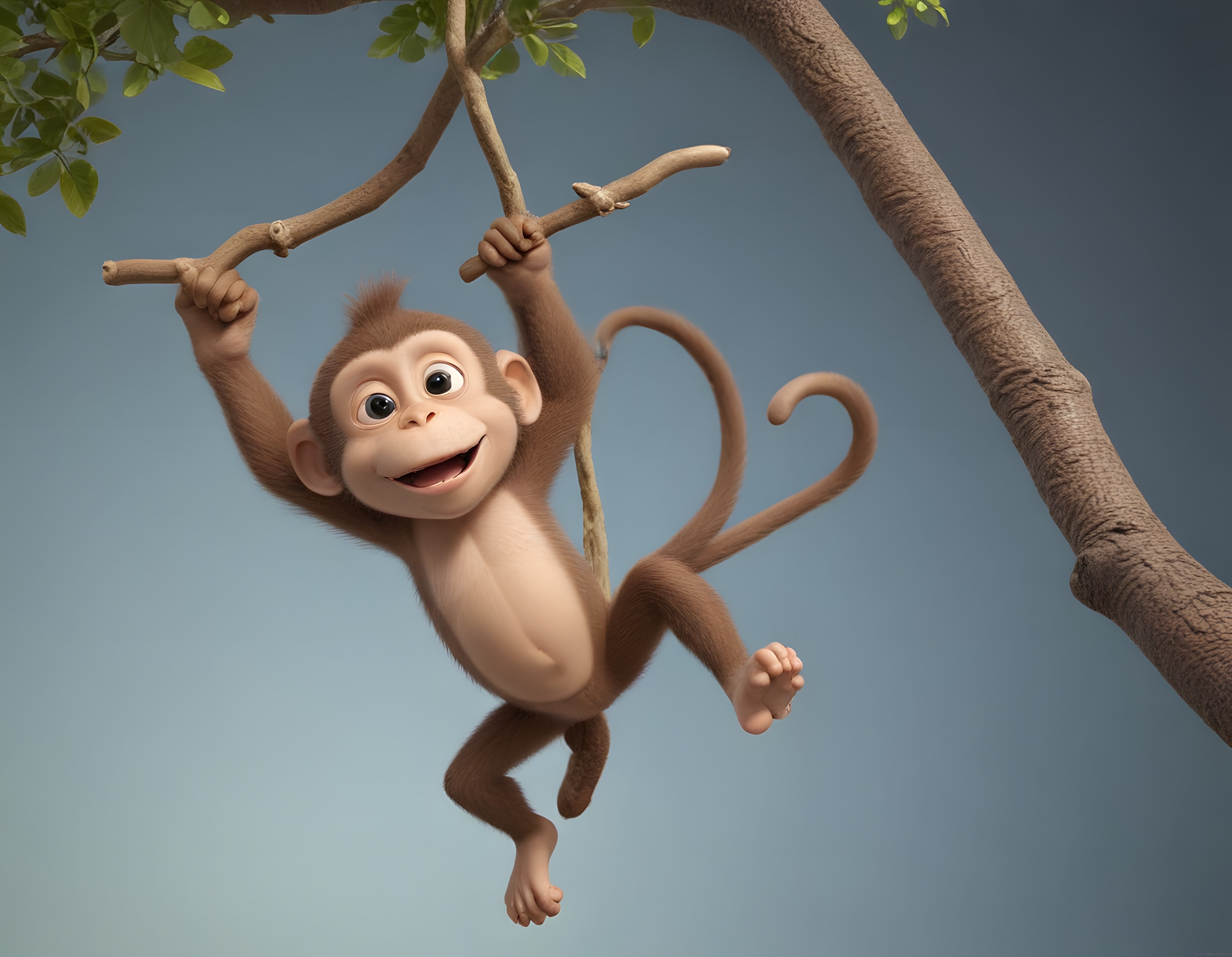 Dalında Sarkan Mutlu Sevimli 3D Animasyon Maymun Karakteri ve Açık Mavi Gökyüzü