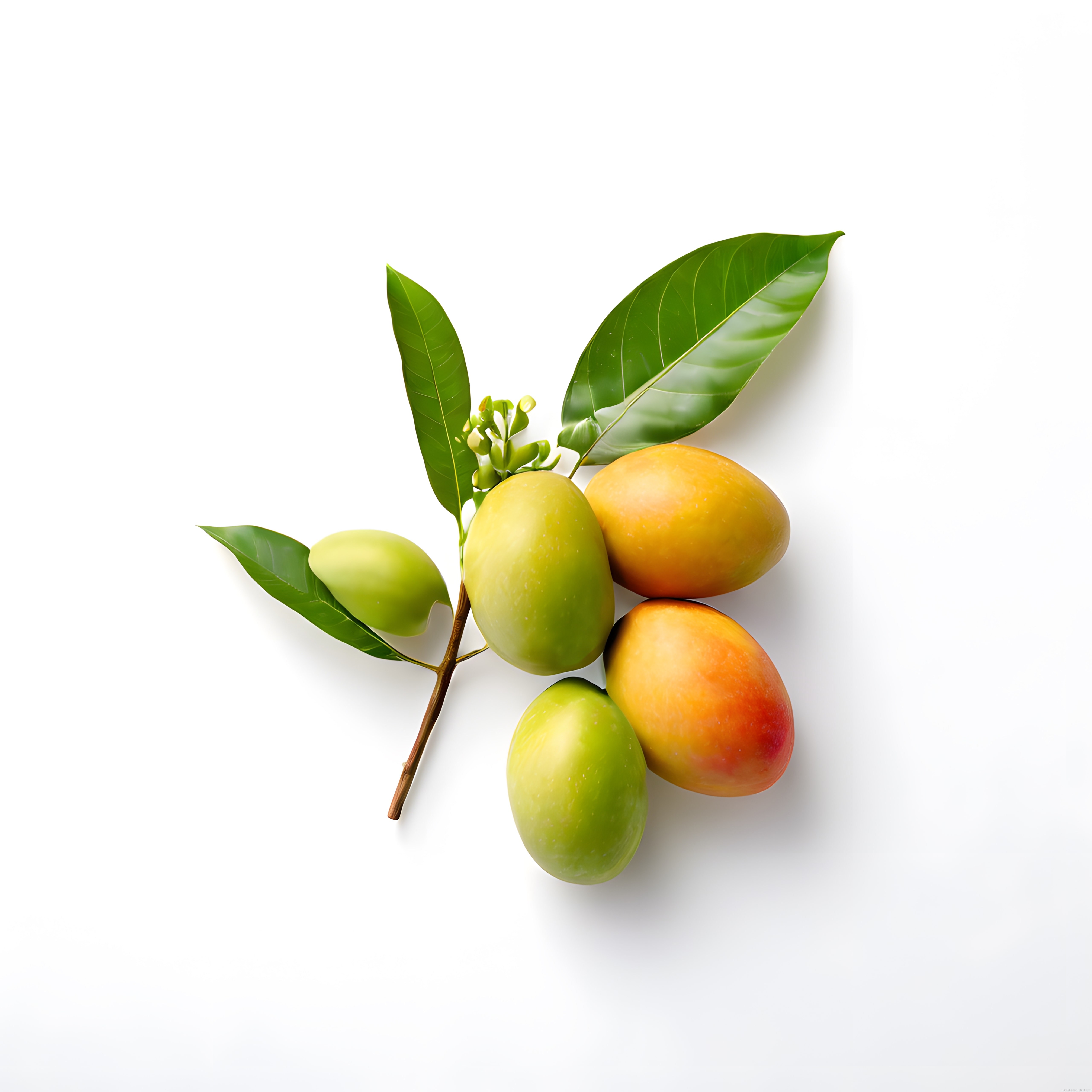 Dalında Taze ve Olgun Mango Meyveleri ile Yapraklar Beyaz Arka Planda