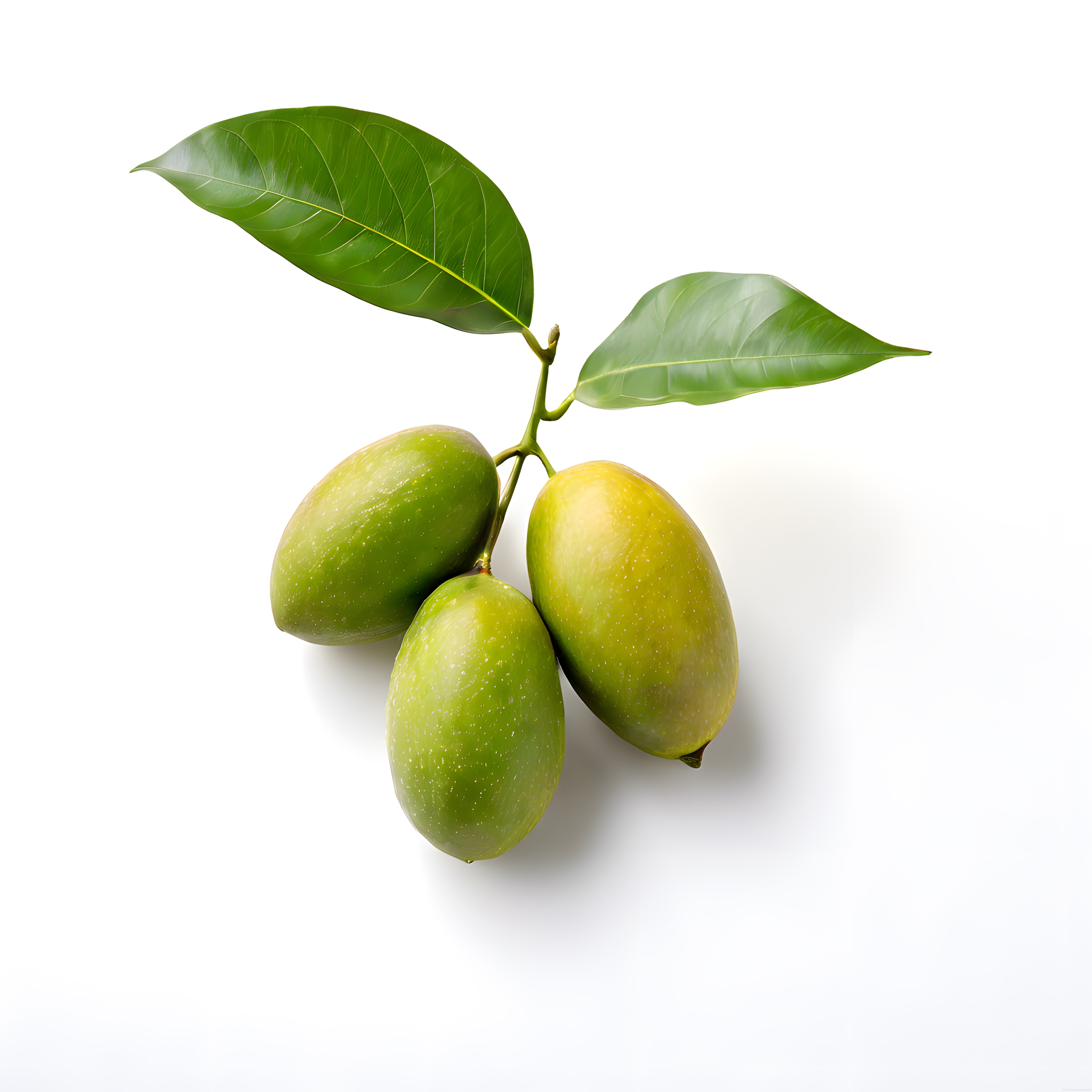 Dalında Taze Yeşil ve Sarımsı Mango Meyveleri Beyaz Arka Planda