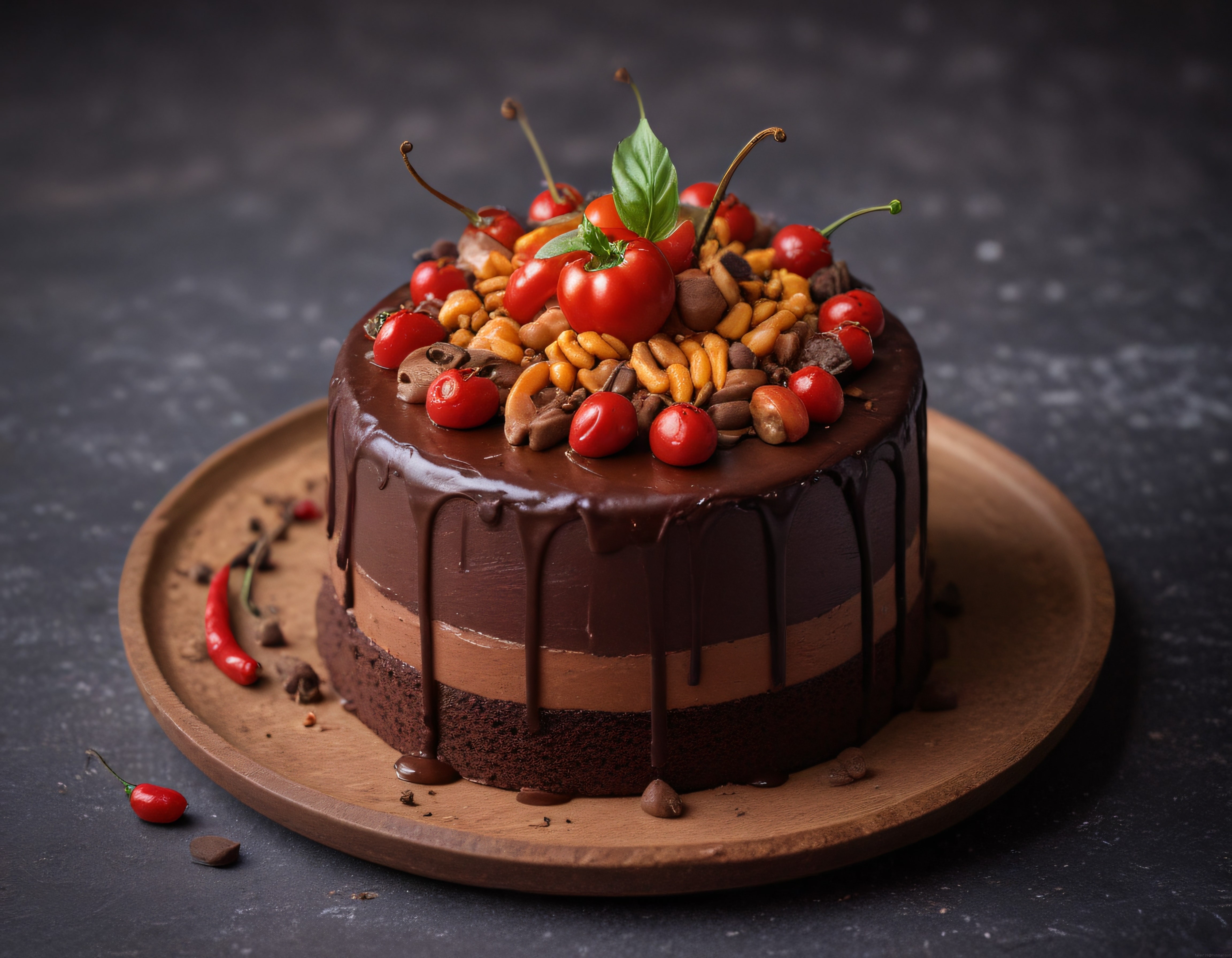 Damla Çikolatalı Pasta Kiraz Fındık ve Fesleğen Yapraklarıyla Süslenmiş