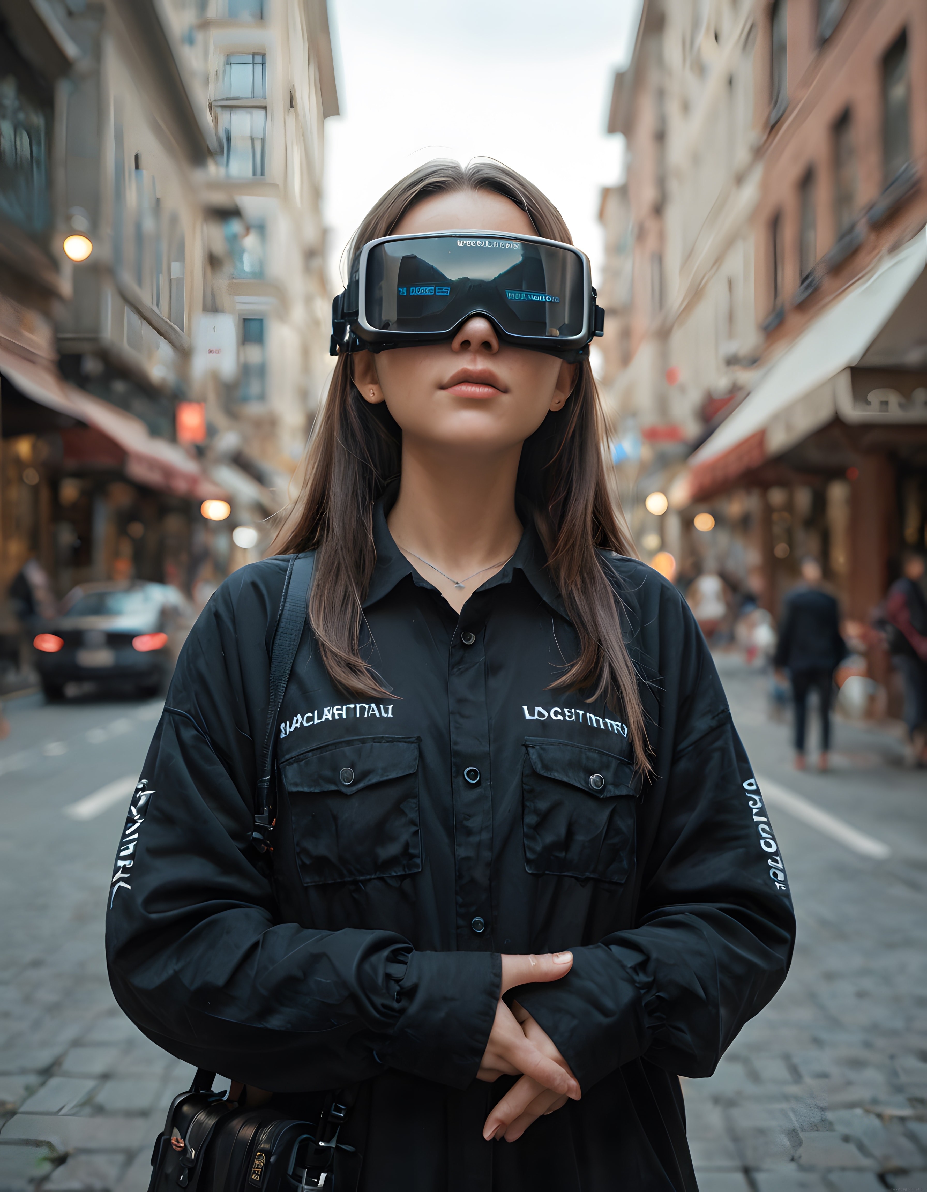 Dar Tarihi Sokağında Büyük VR Gözlüklü Modern Genç Kadın Portresi