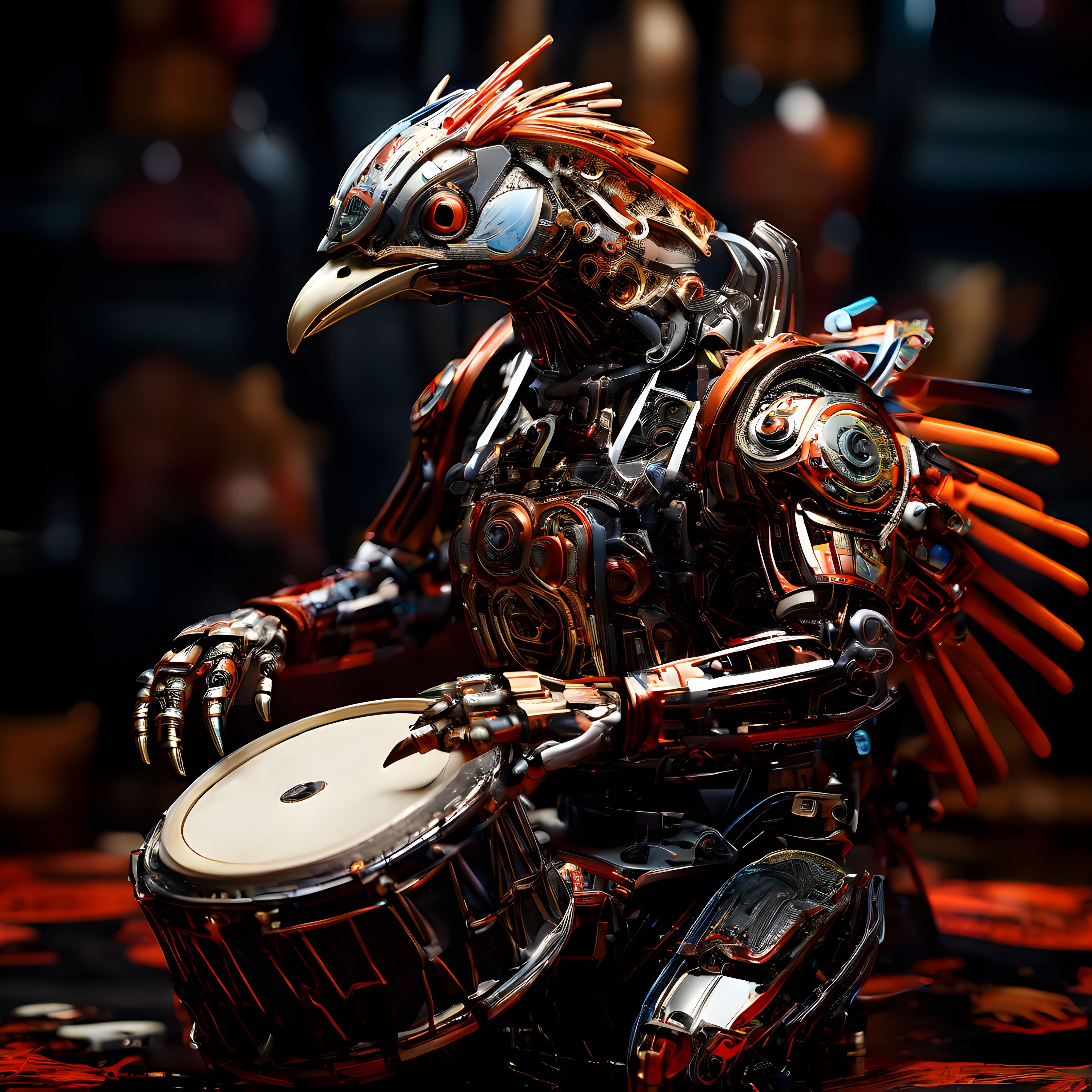 Davul çalan mekanik robot kuşun cyberpunk tarzda detaylı dijital sanat görseli