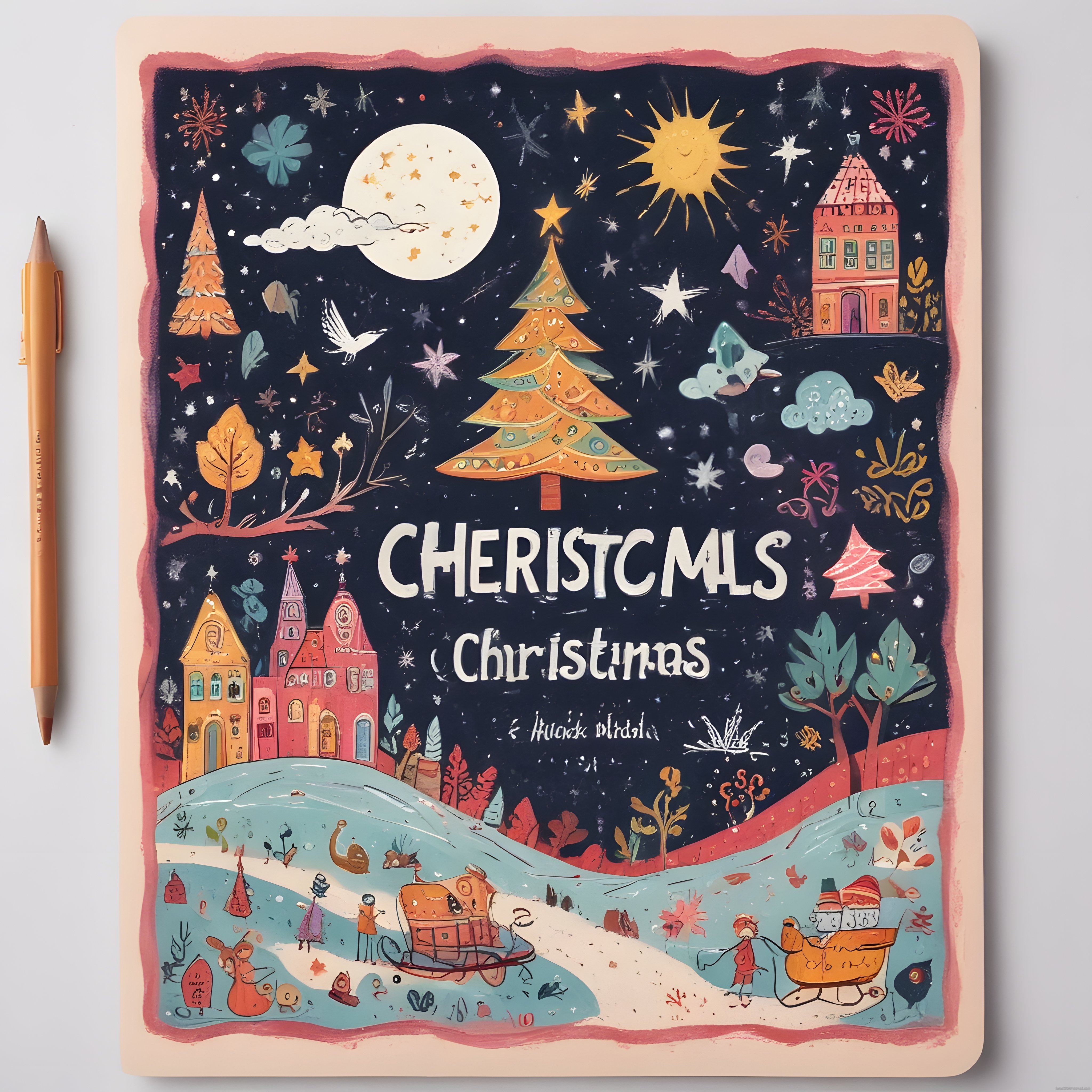 Defter sayfasına çizilmiş noel temalı masalsı kış illüstrasyonu ve karlı köy