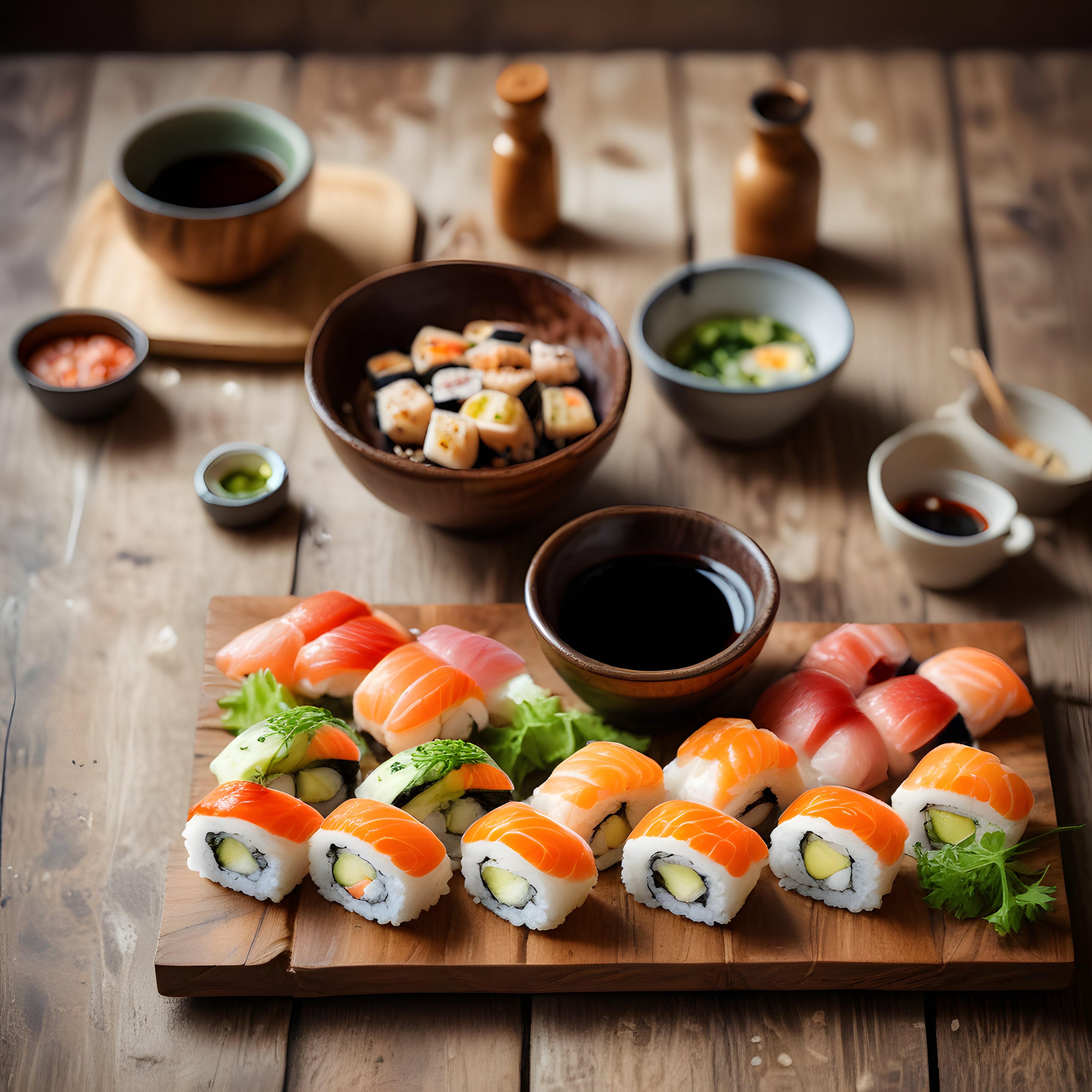 Dekoratif Ahşap Sunumda Çeşitli Sushi Tabağı: Nigiri, Rulo ve Soya Sosu