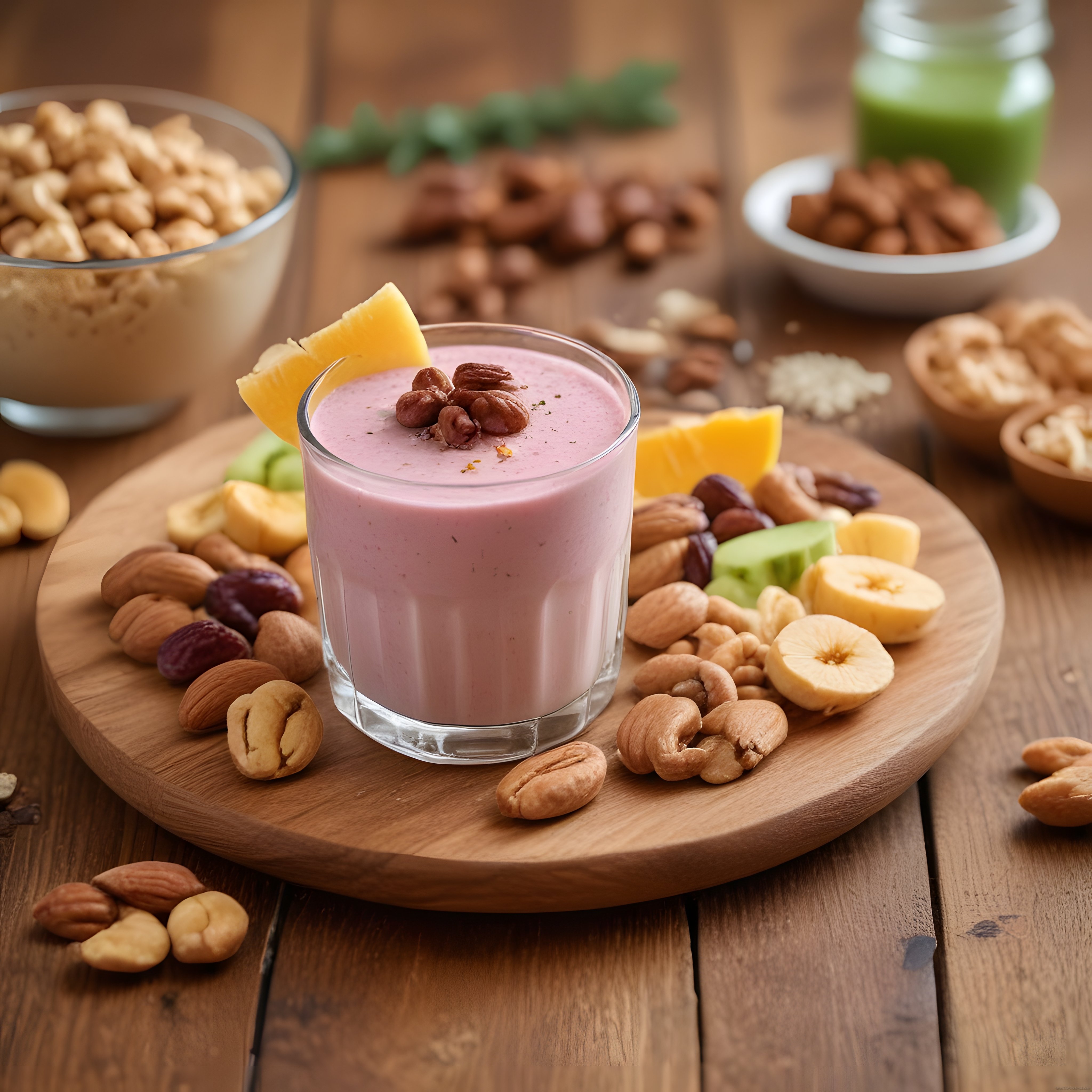Dekoratif Ahşap Tahtada Kuruyemişli ve Tropikal Meyveli Pembe Smoothie