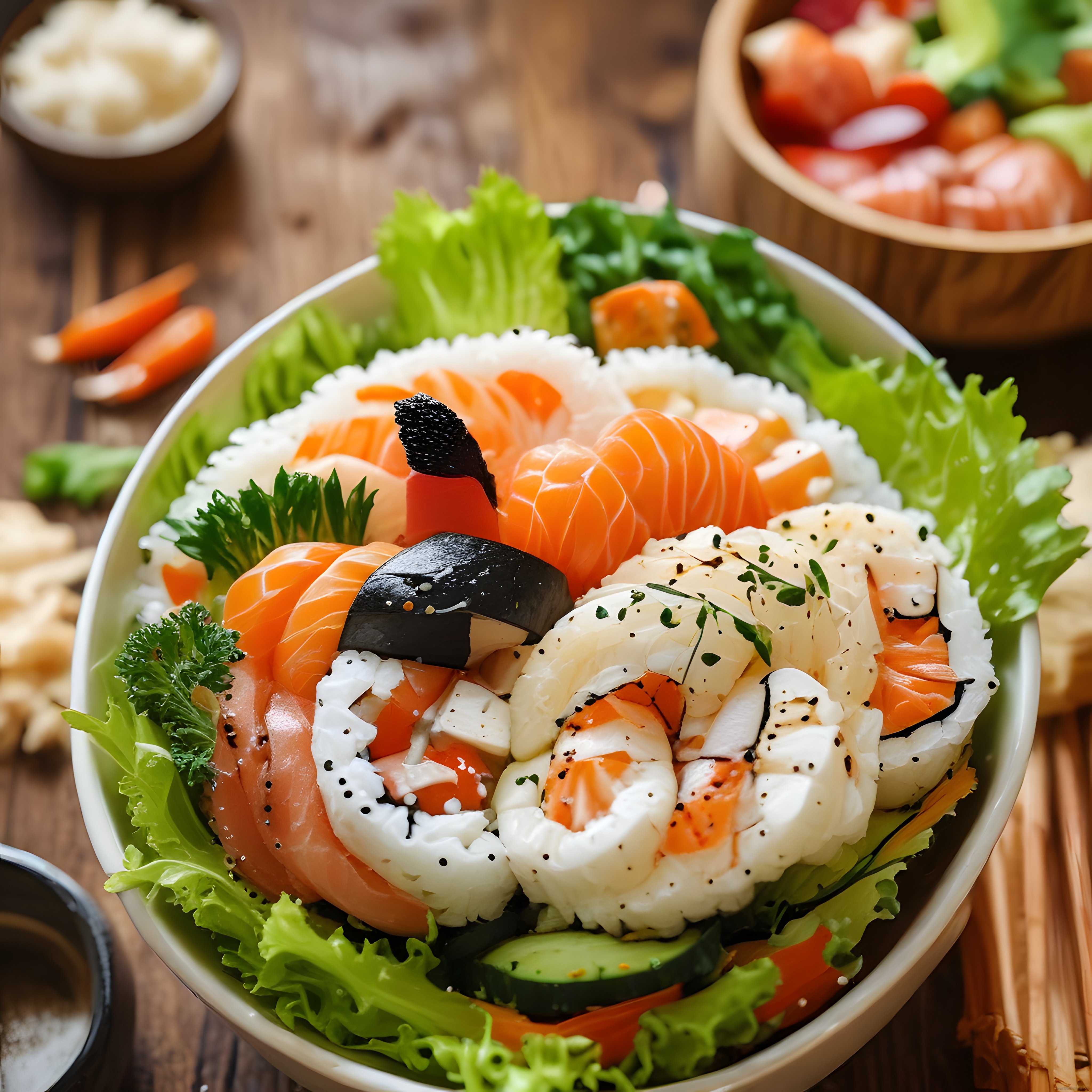 Dekoratif Sunumuyla Taze Somonlu ve Karidesli Japon Sushi Bowl