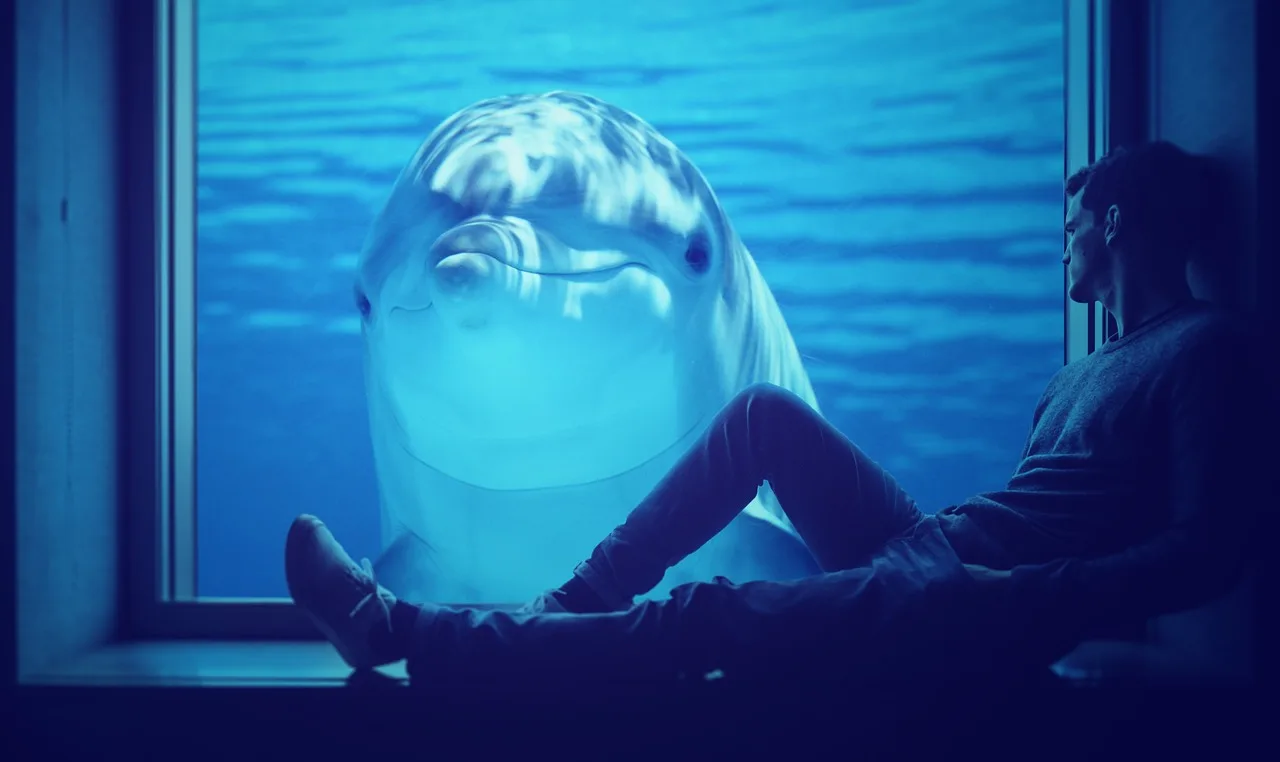 Delfin tankta su altında cam görüntüsü