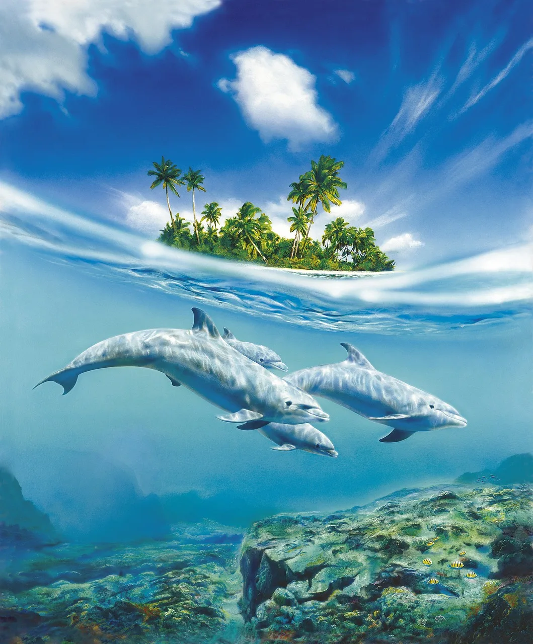 Delfin ve turkuaz suyun buluştuğu palmiye sahili