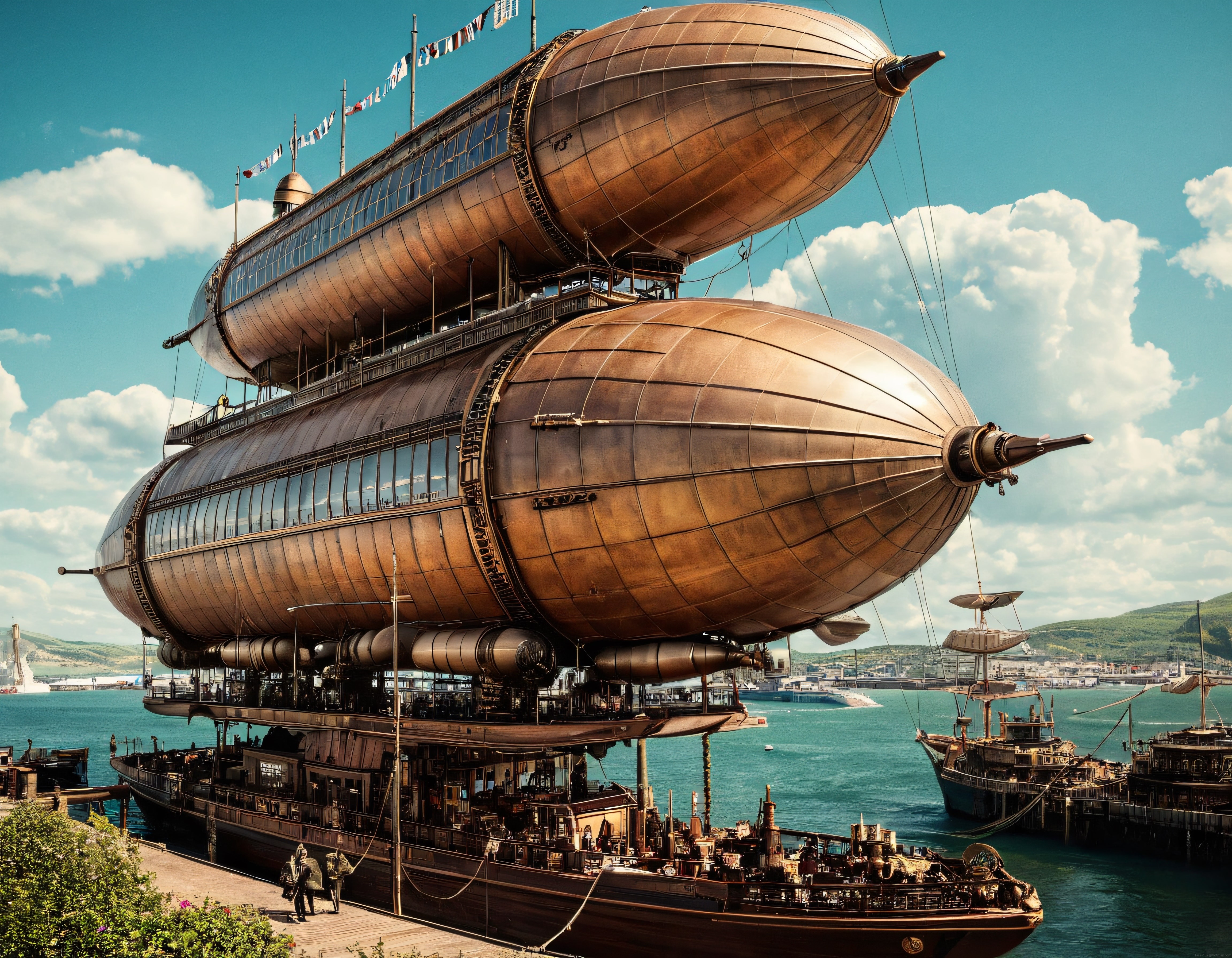 Demirlemiş Devasa Bakır Steampunk Hava Gemisi Kasaba Limanında