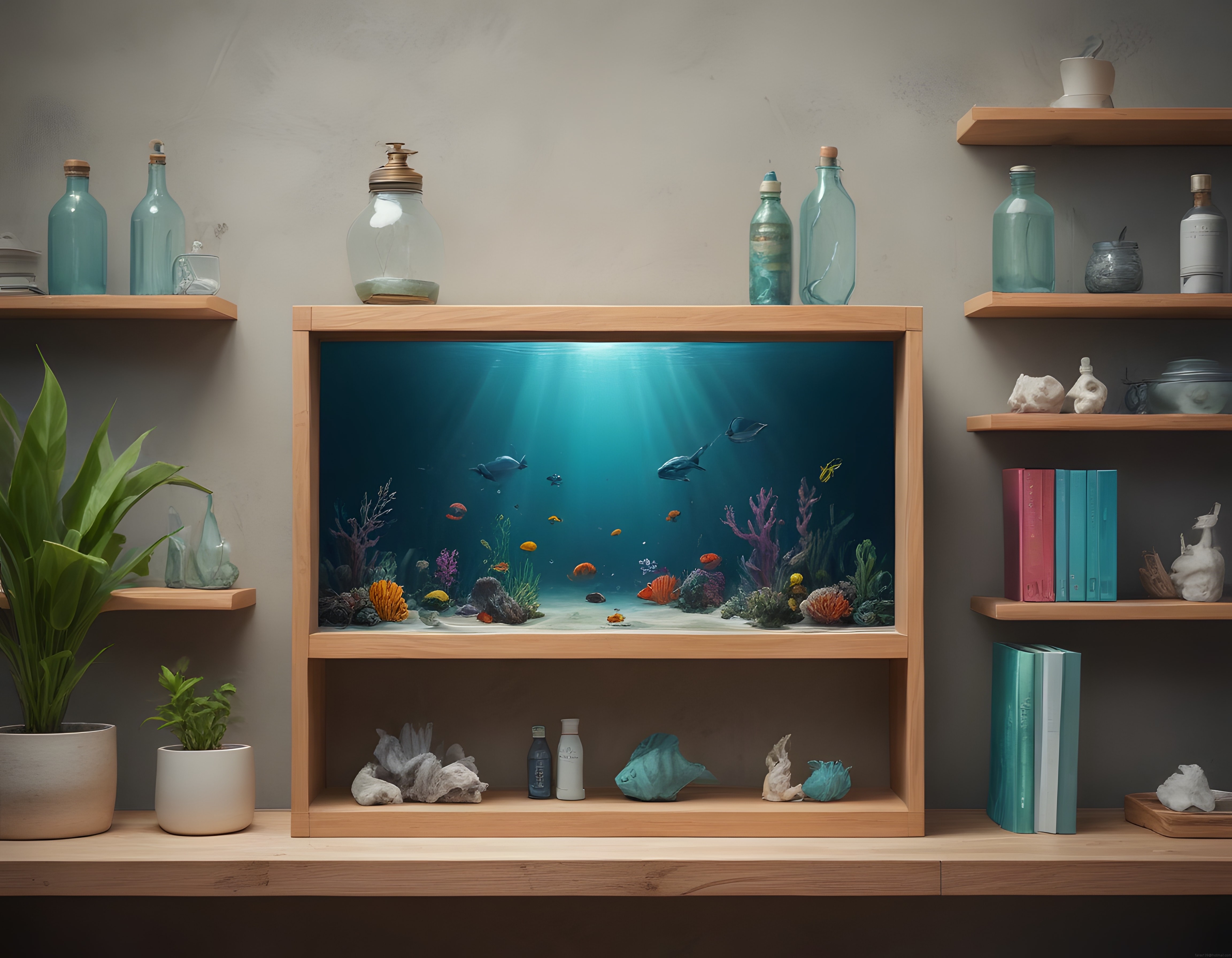 Deniz Altı Manzaralı Modern Ahşap Raf Ünitesi ve Dekoratif Duvar Düzenlemesi