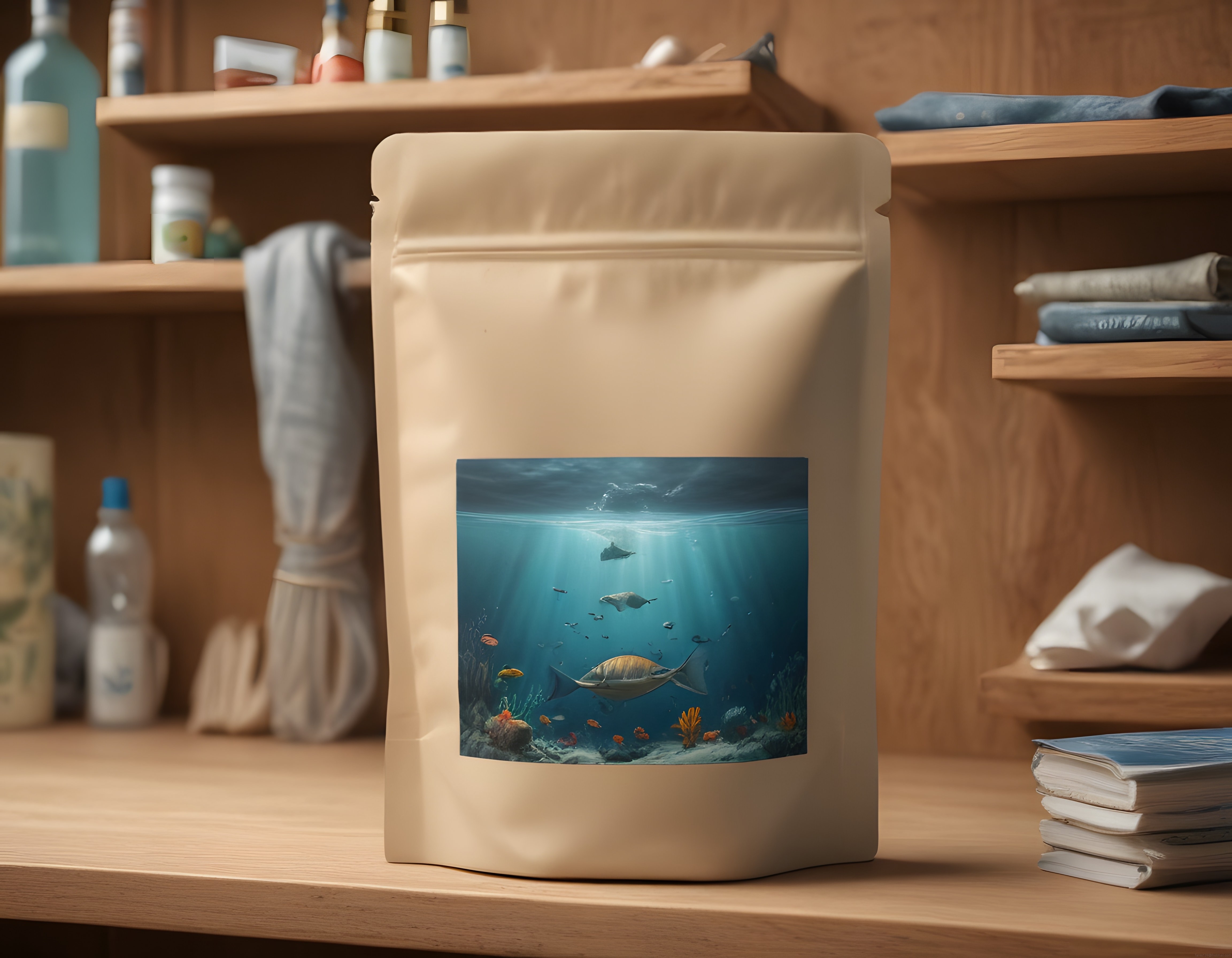 Deniz Canlıları Tasarımlı Kraft Pouch ve Ahşap Raf Üzeri Ürün Mockup Görseli